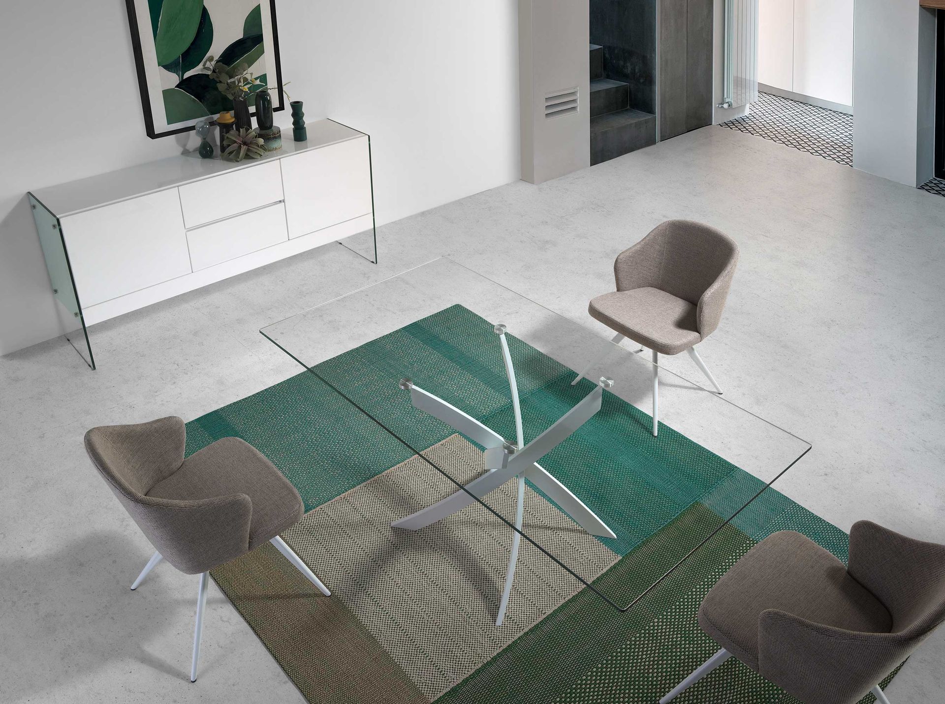 Rectangular tempered glass and white steel dining table