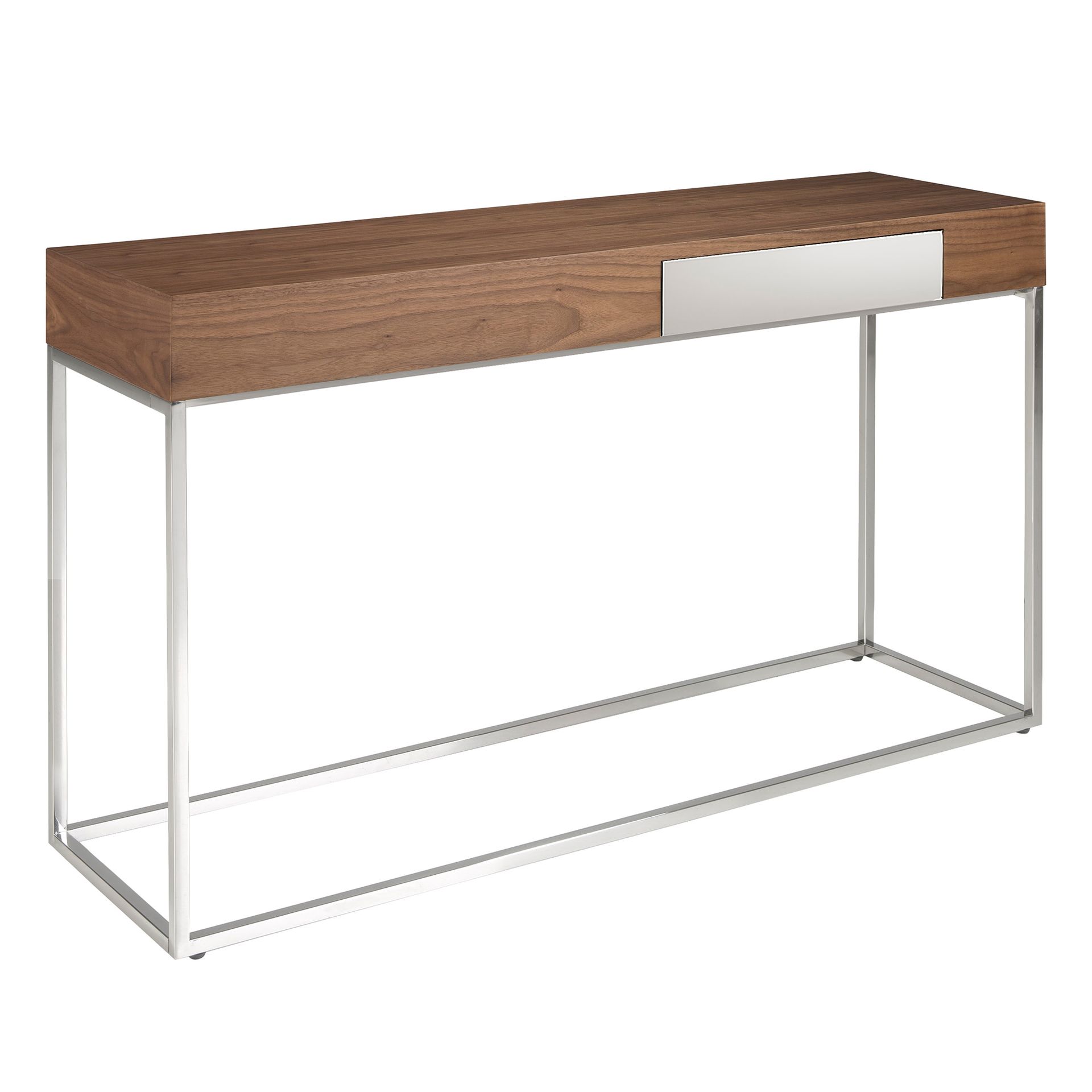 Rectangular walnut and chromed steel console table