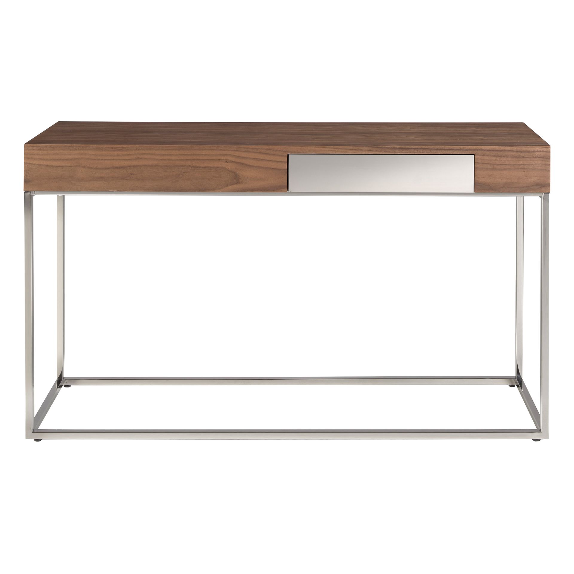 Rectangular walnut and chromed steel console table
