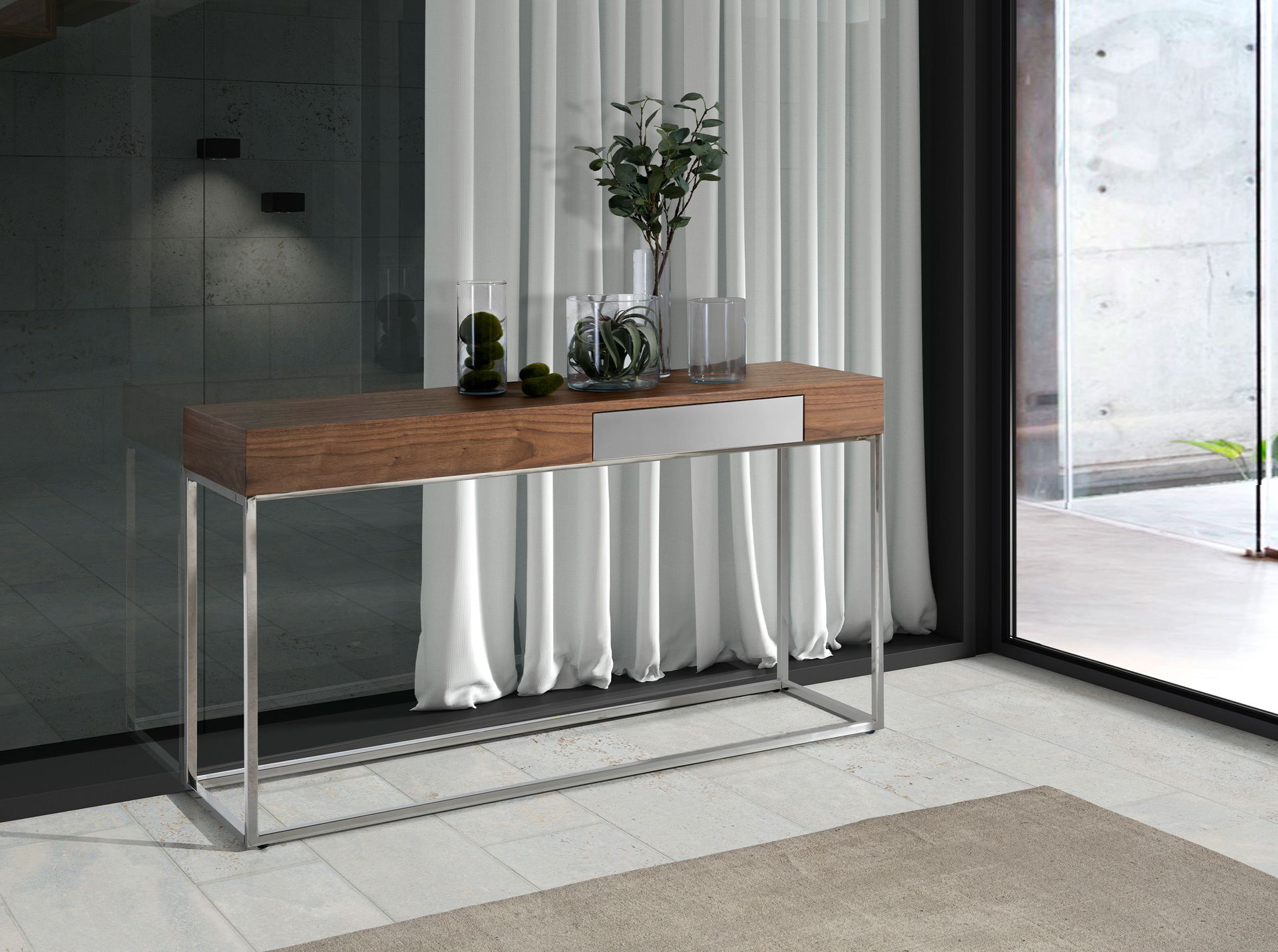 Rectangular walnut and chromed steel console table
