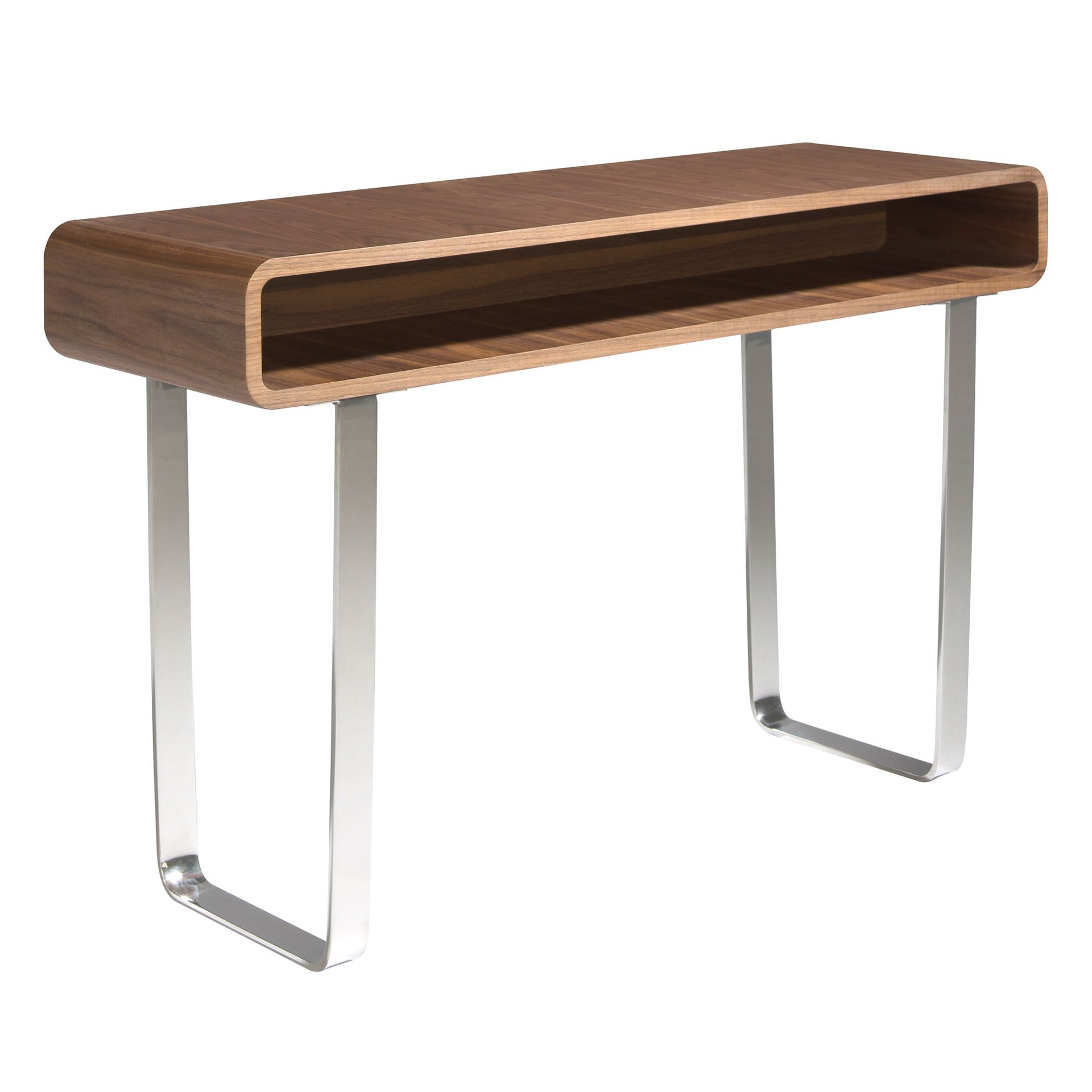 Rectangular walnut and chromed steel console table