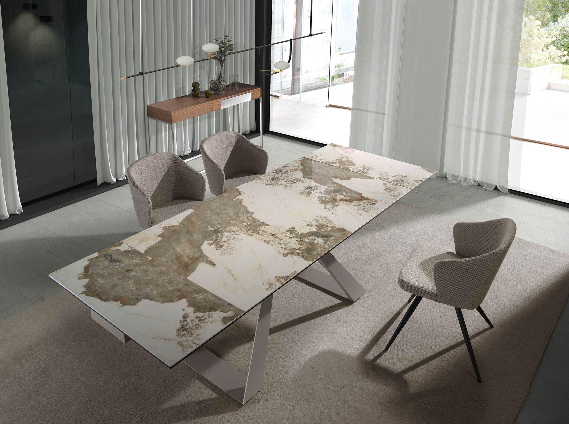 Rectangular walnut and chromed steel console table