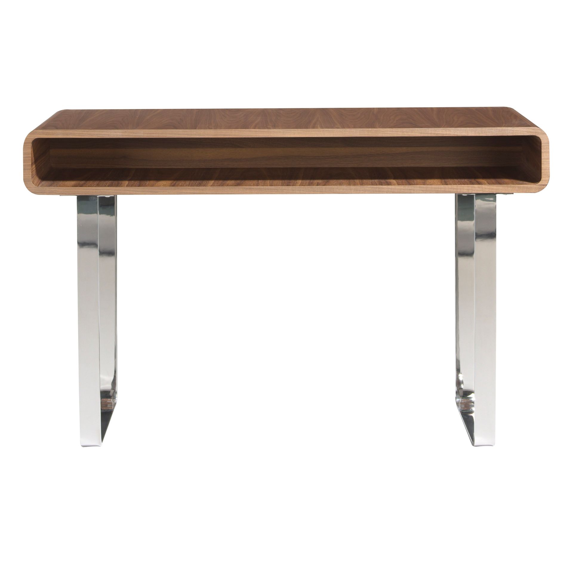 Rectangular walnut and chromed steel console table