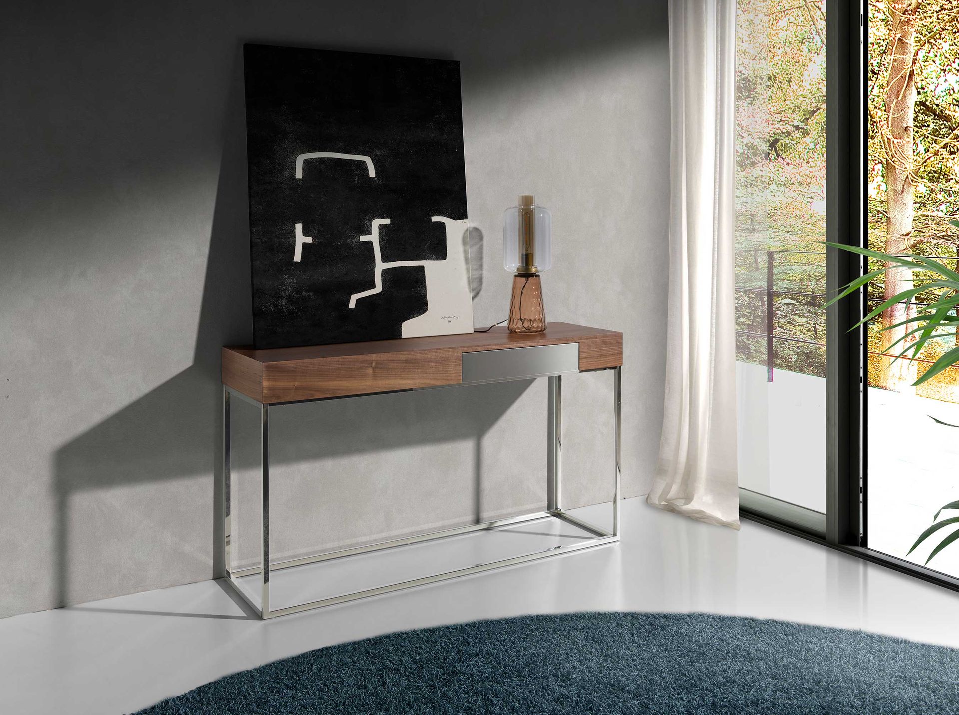 Rectangular walnut and chromed steel console table