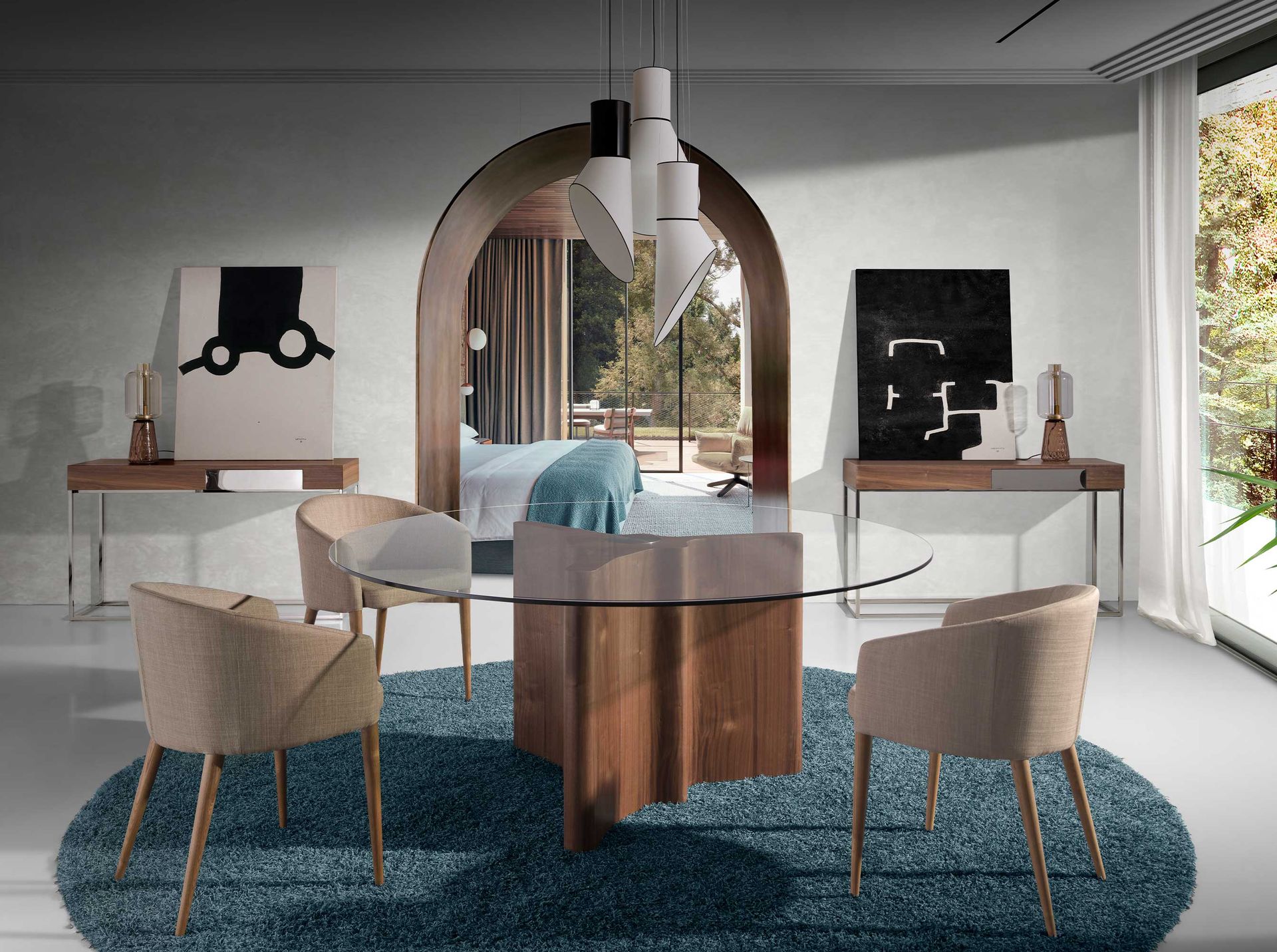 Rectangular walnut and chromed steel console table