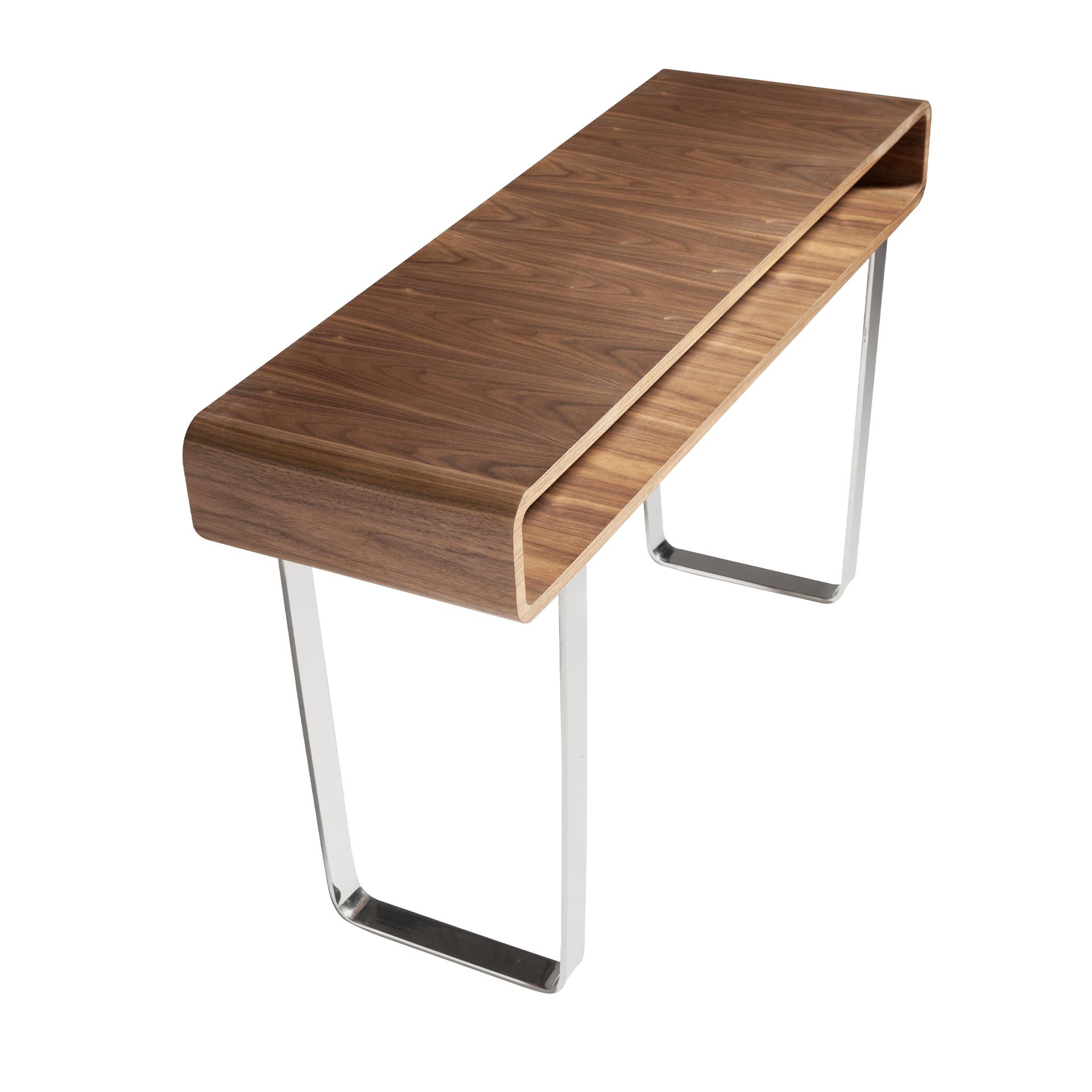 Rectangular walnut and chromed steel console table