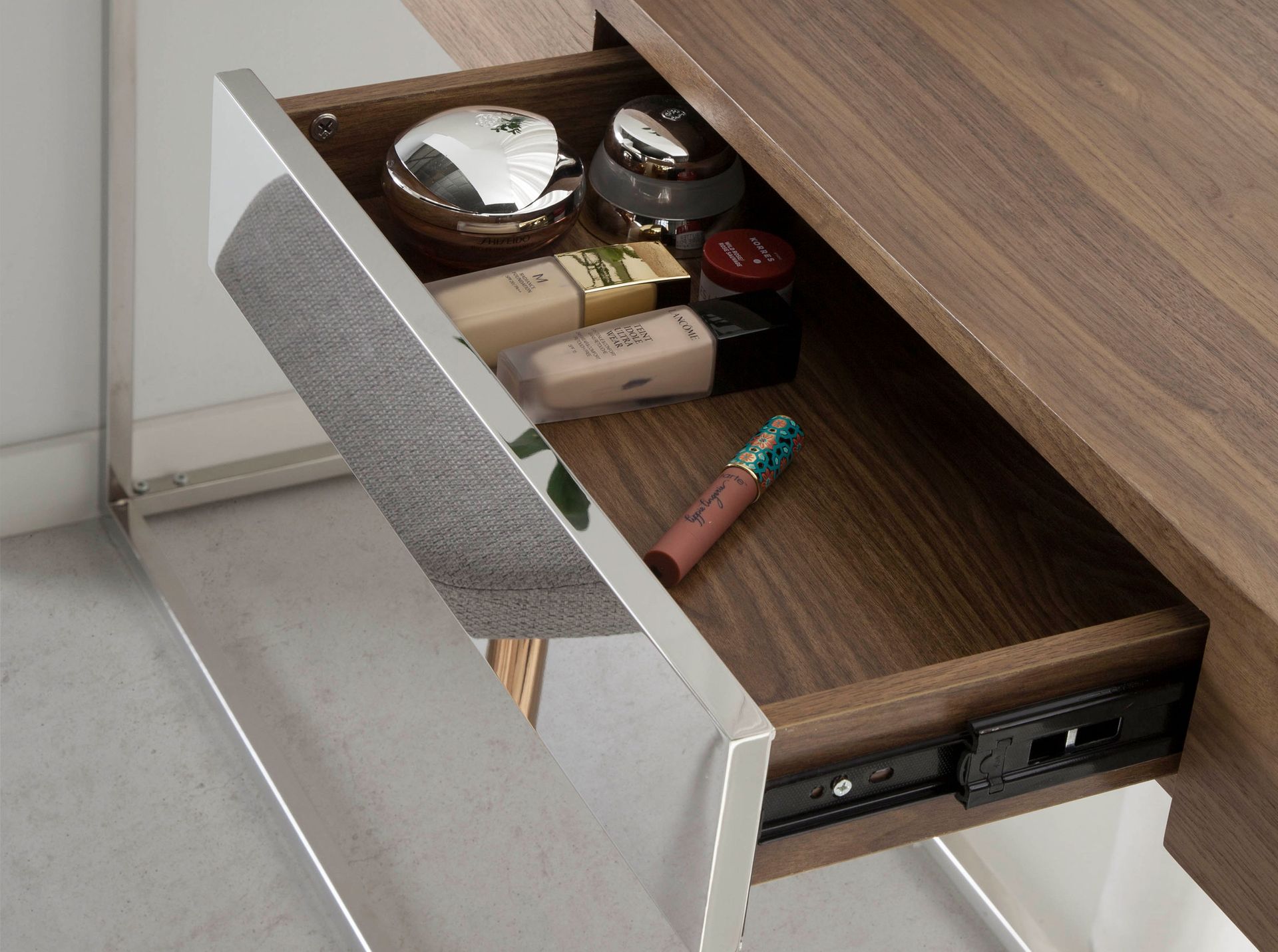 Rectangular walnut and chromed steel console table