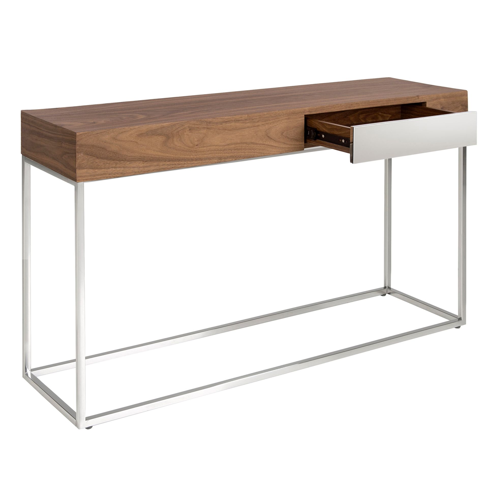 Rectangular walnut and chromed steel console table