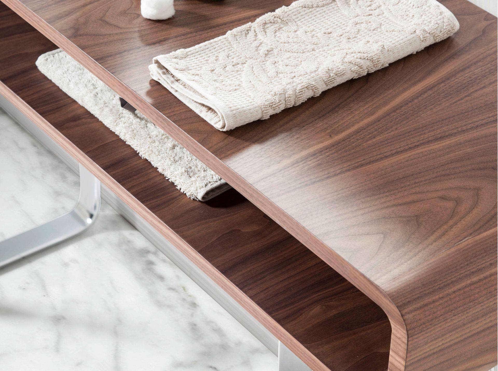 Rectangular walnut and chromed steel console table