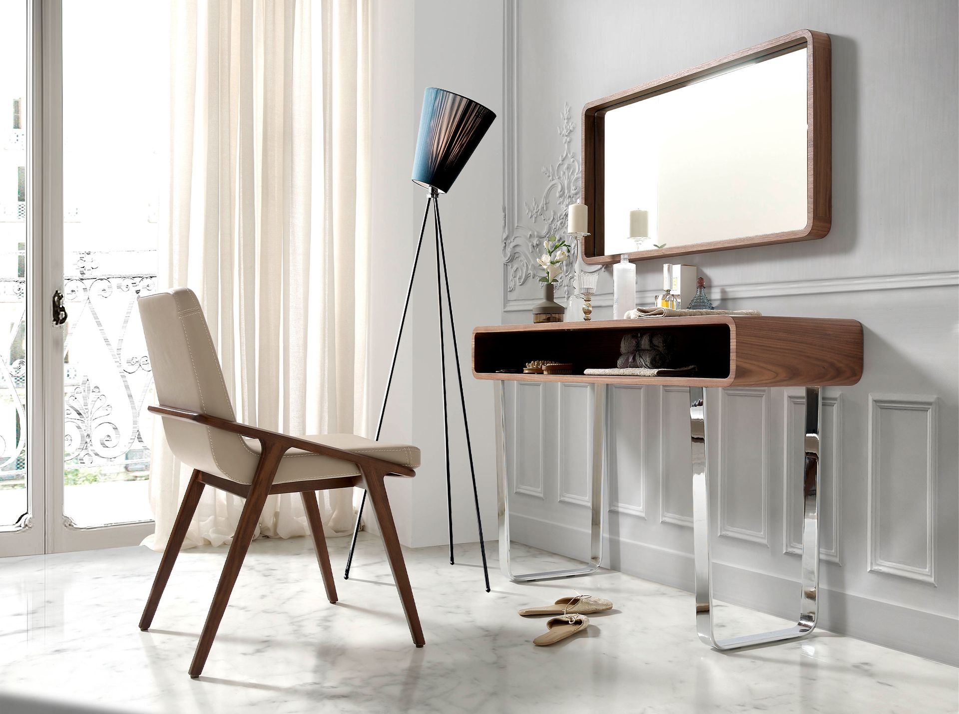 Rectangular walnut and chromed steel console table