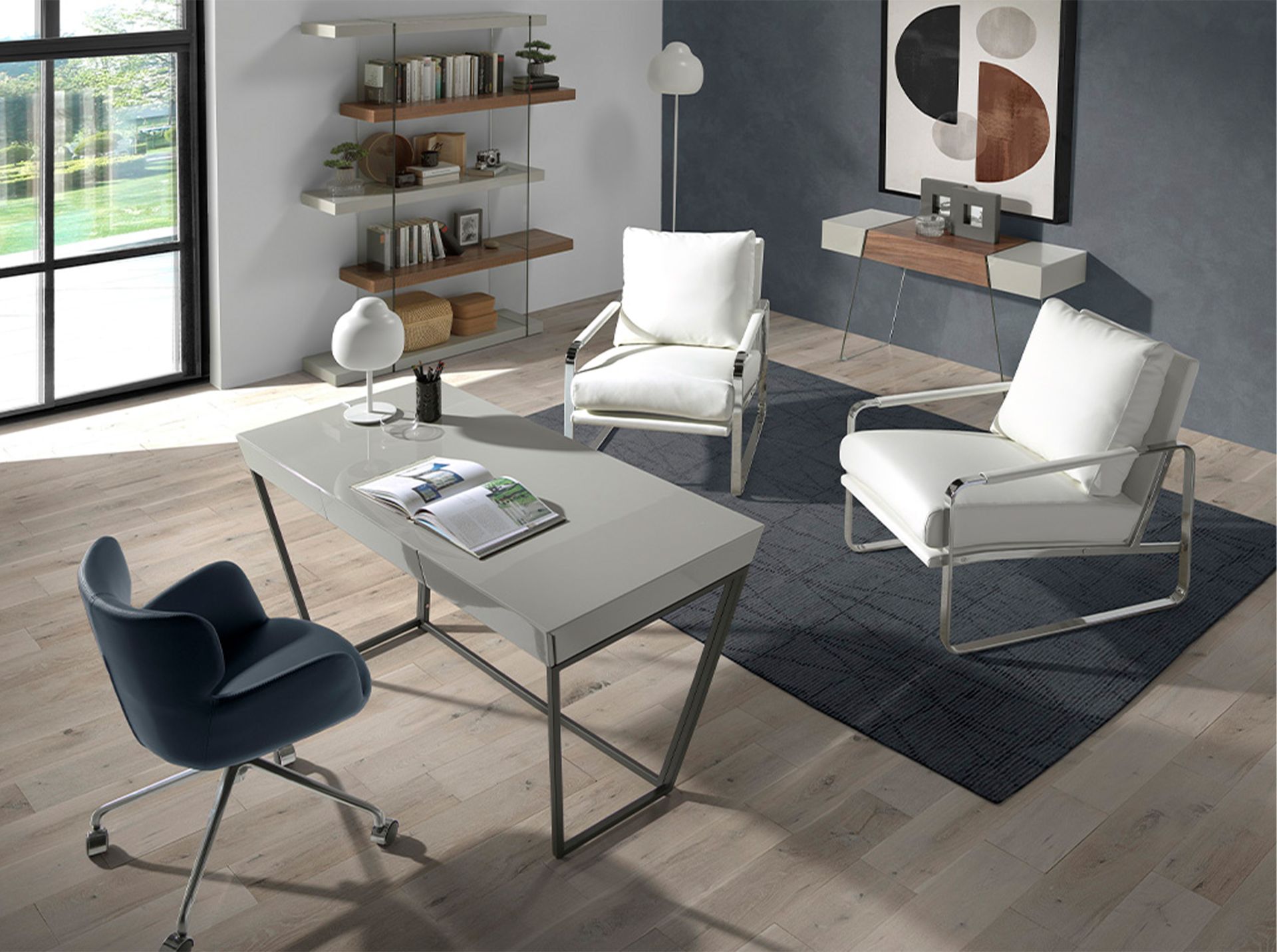 Rectangular walnut and grey wood shelving unit