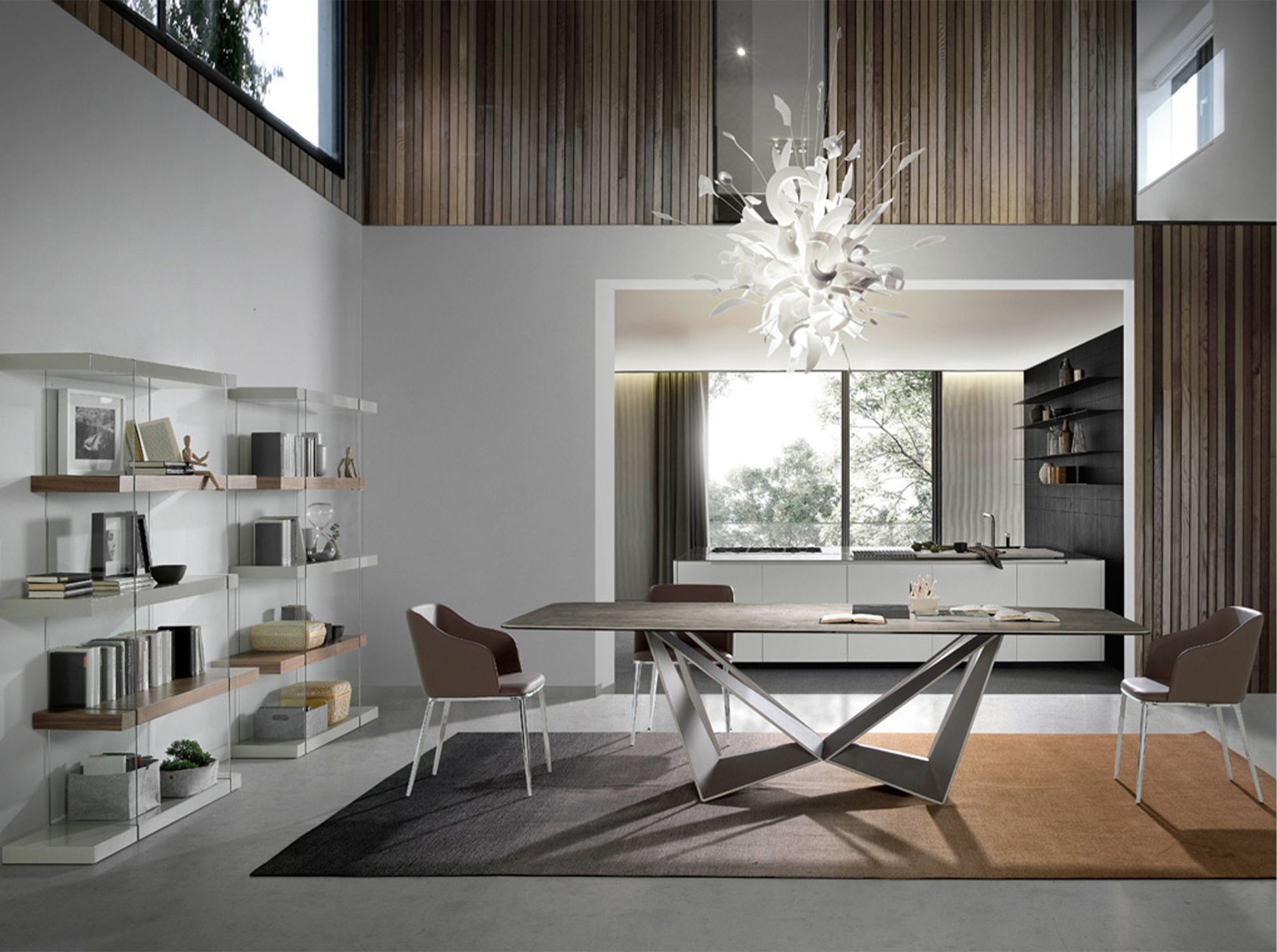 Rectangular walnut and grey wood shelving unit