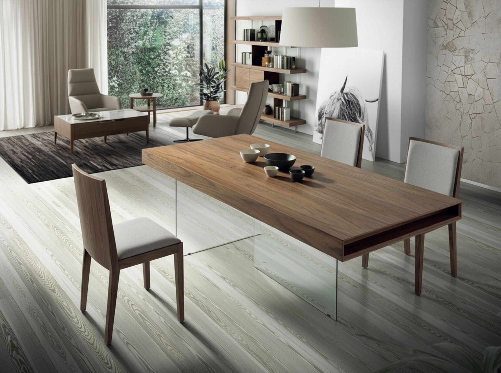 Rectangular walnut and tempered glass dining table