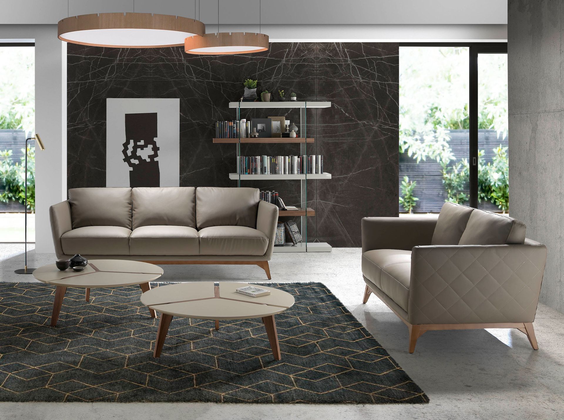 Rectangular walnut and grey wood shelving unit