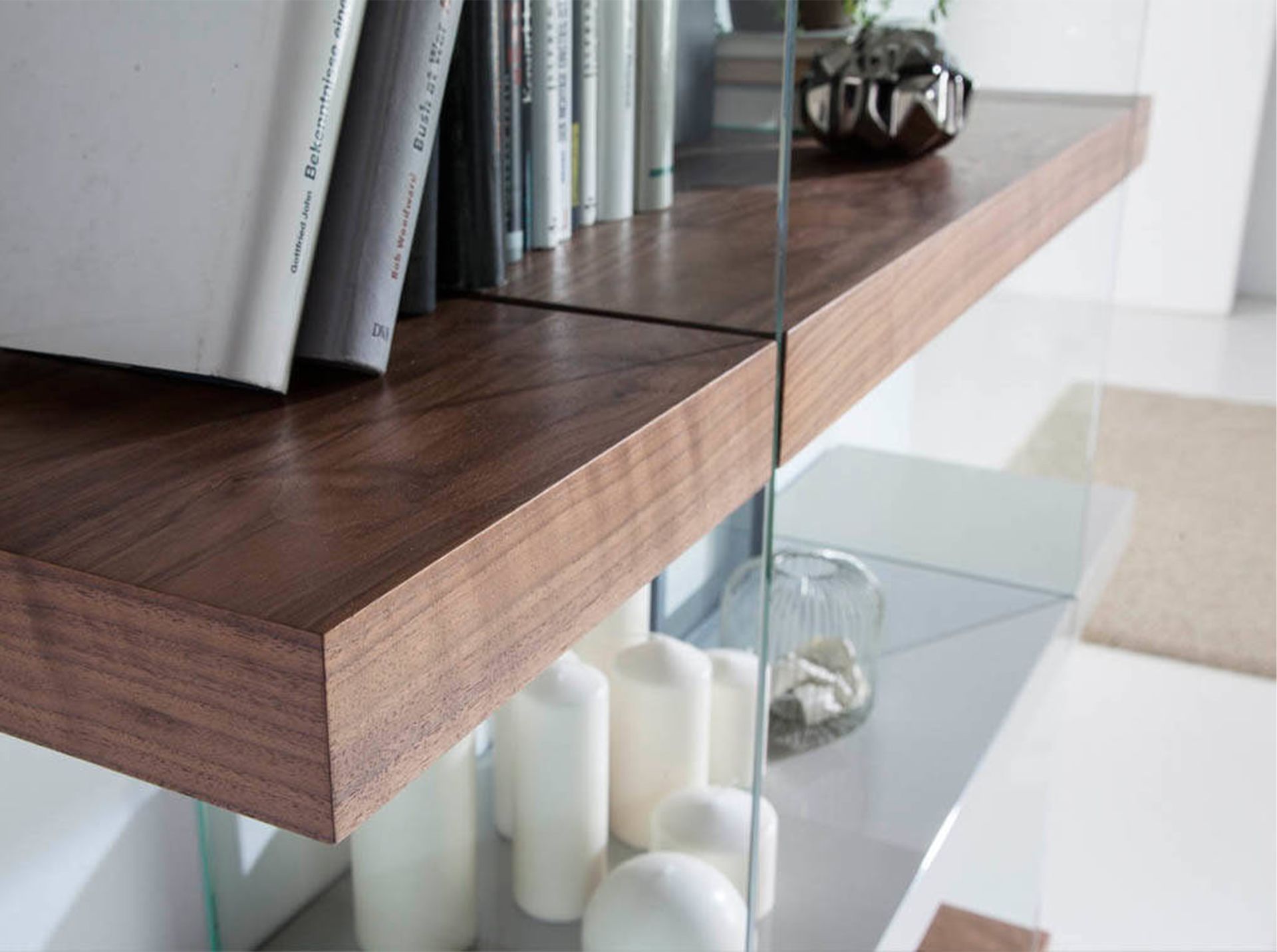 Rectangular walnut and grey wood shelving unit
