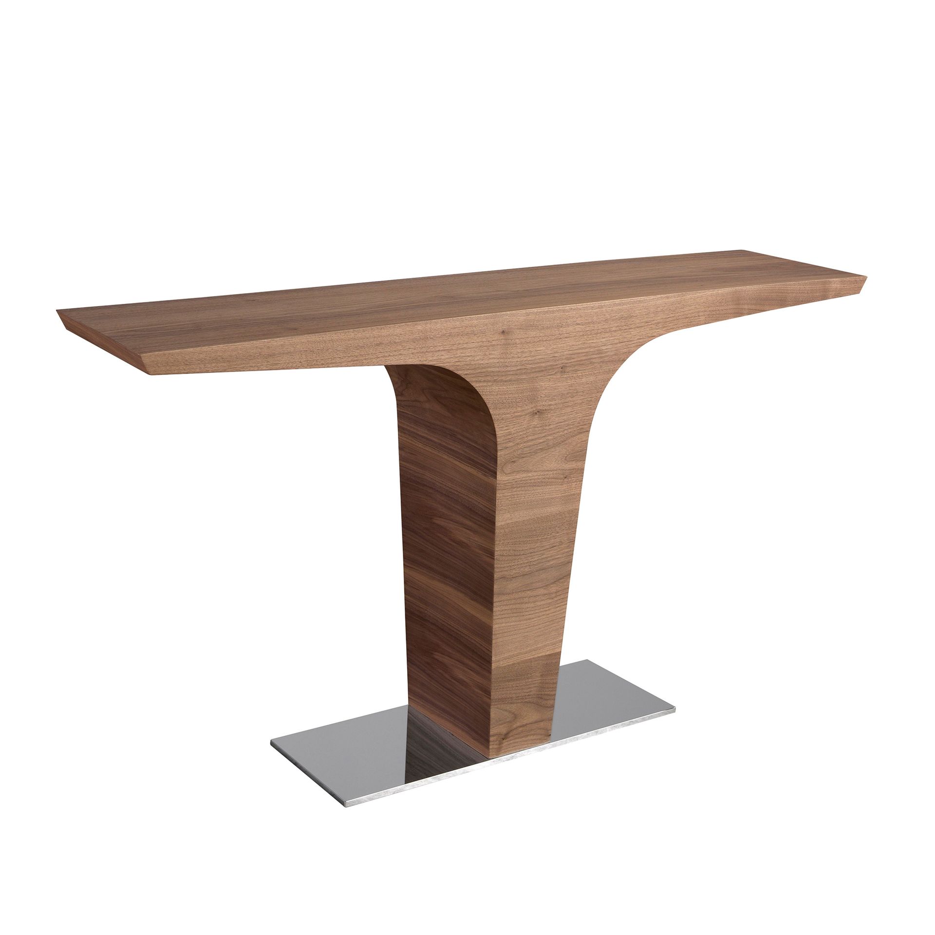 Rectangular walnut console with chrome-plated steel base