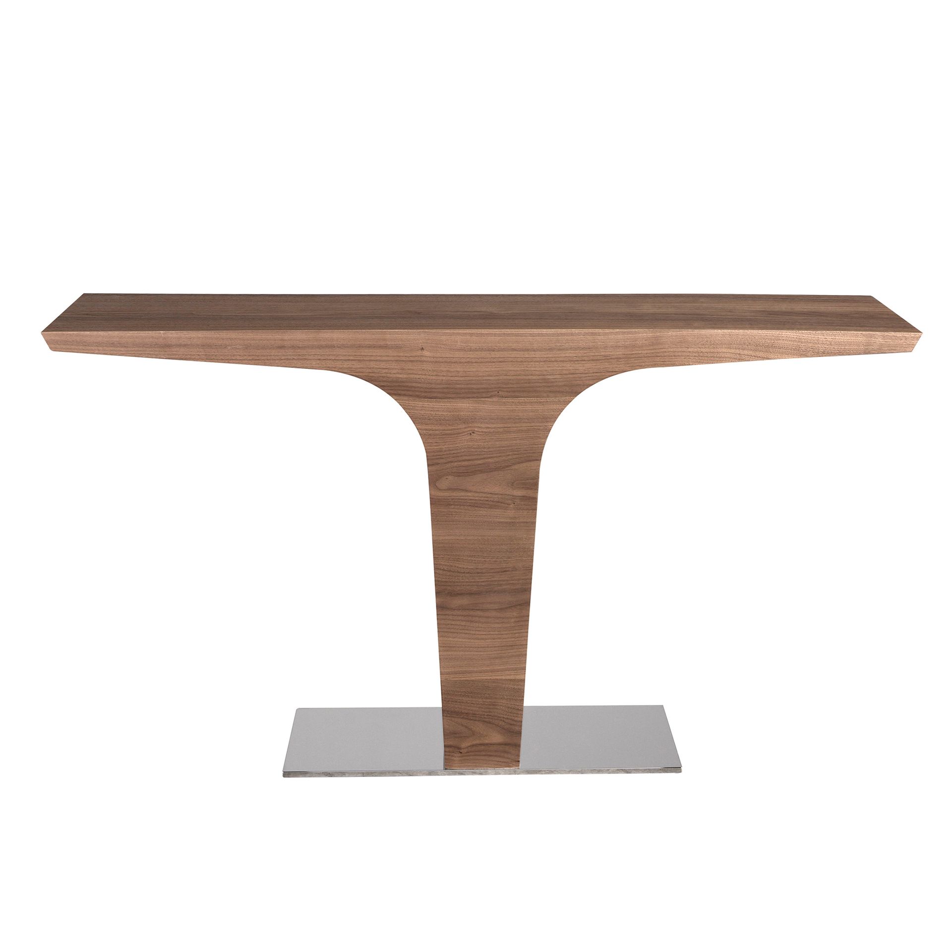 Rectangular walnut console with chrome-plated steel base