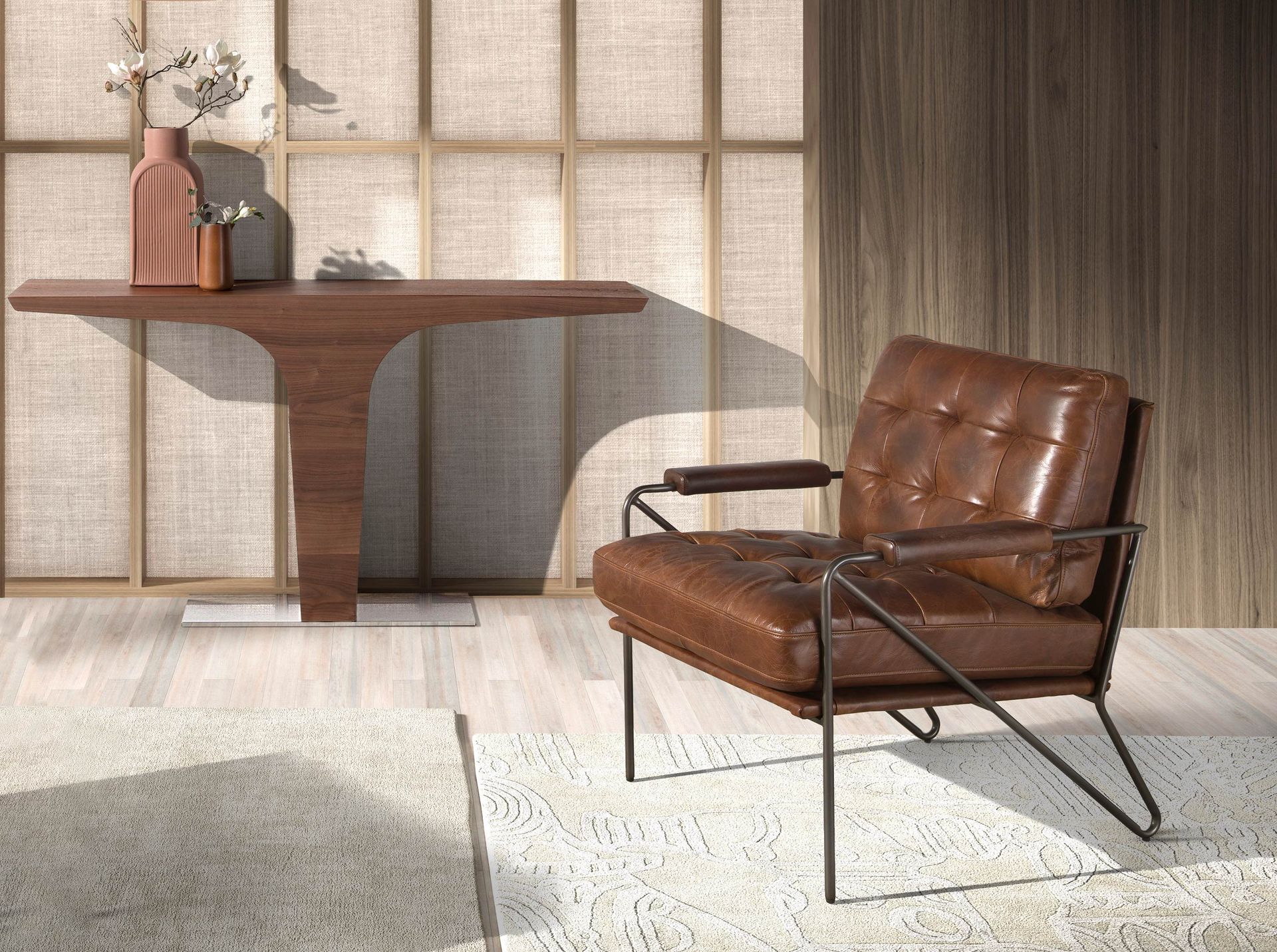 Rectangular walnut console with chrome-plated steel base