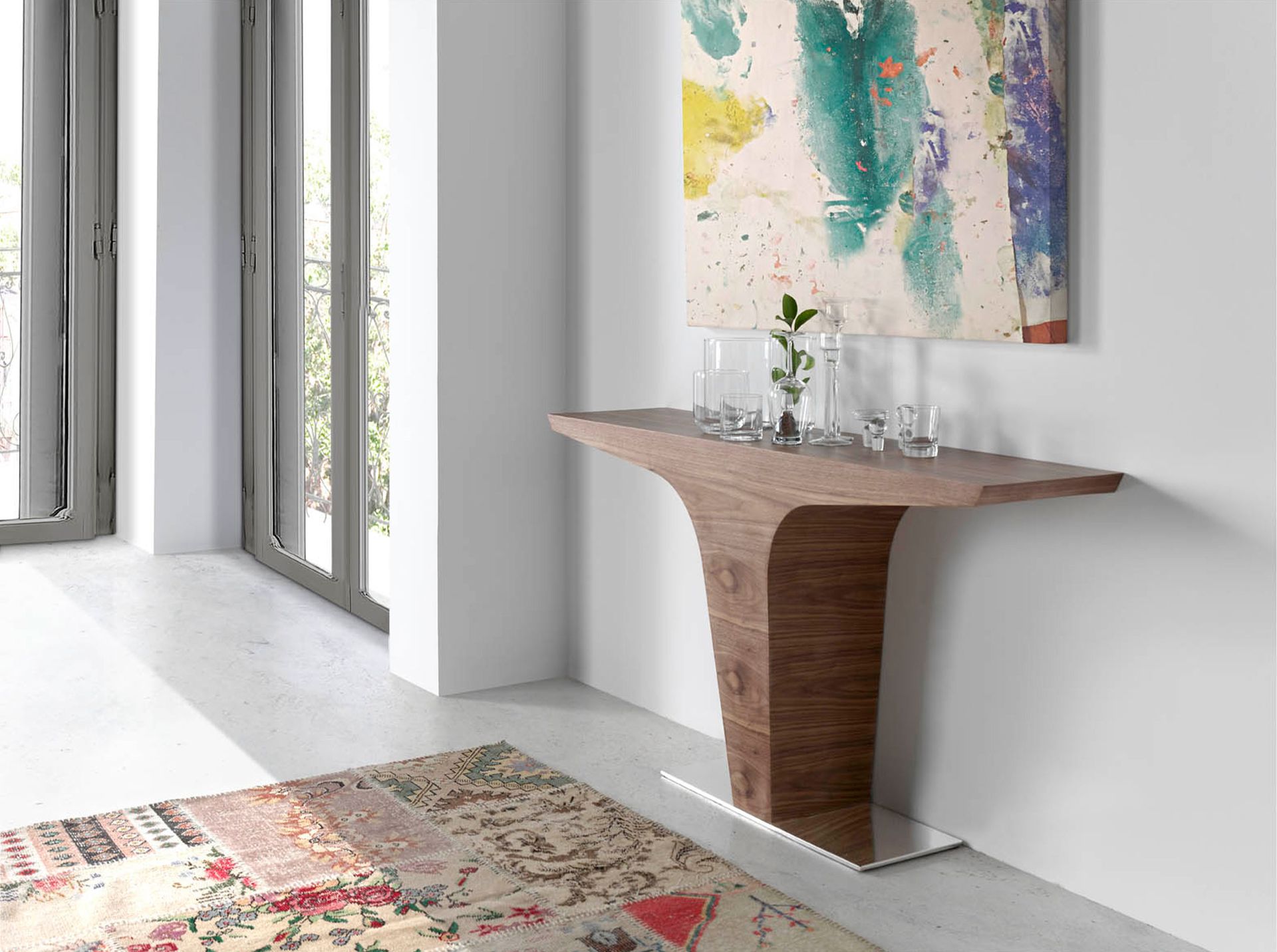 Rectangular walnut console with chrome-plated steel base