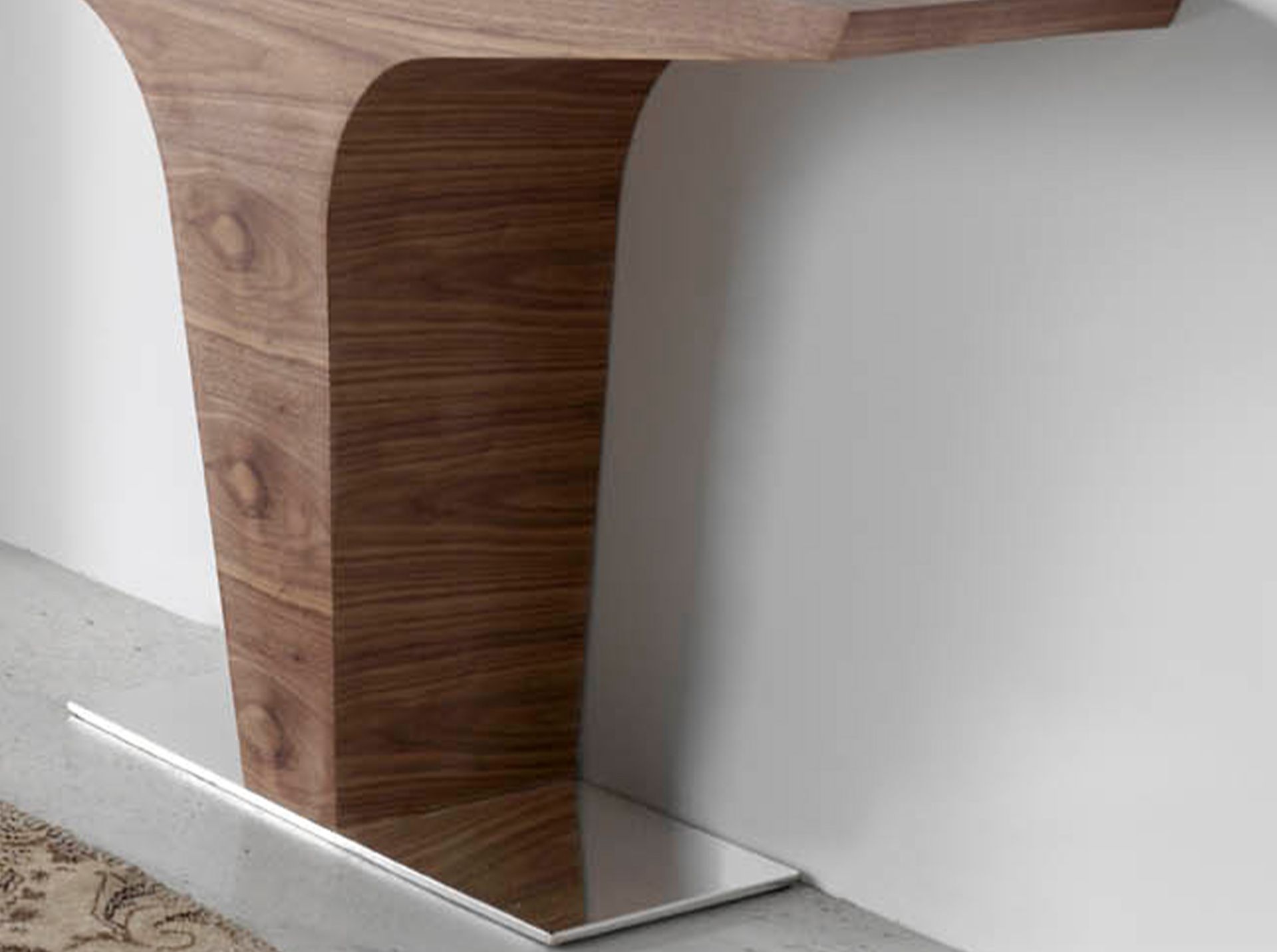 Rectangular walnut console with chrome-plated steel base