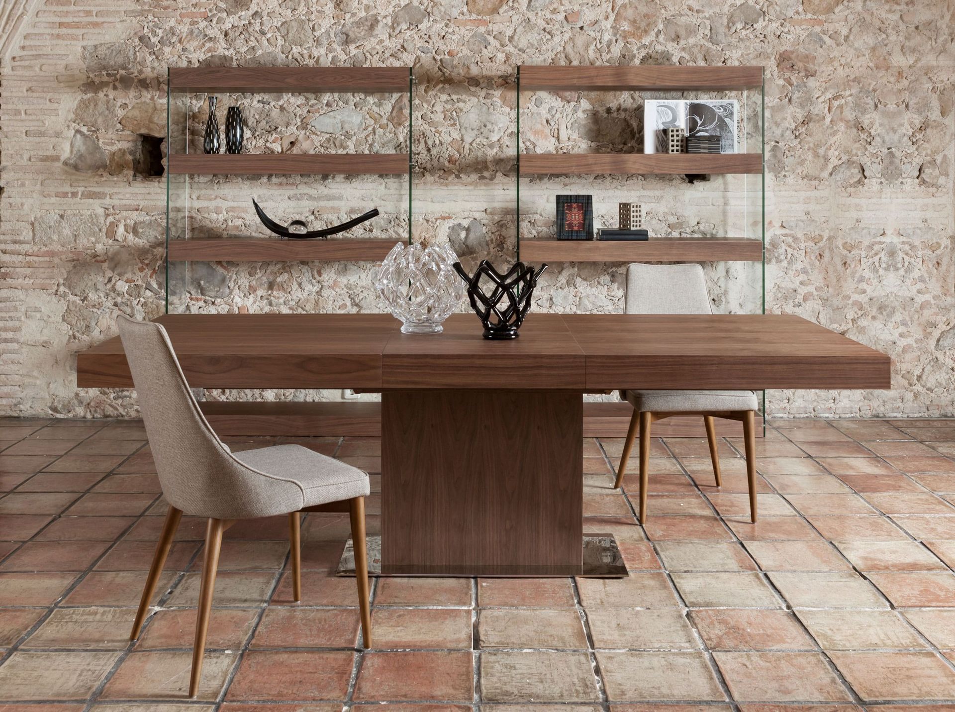 Rectangular walnut extending dining table