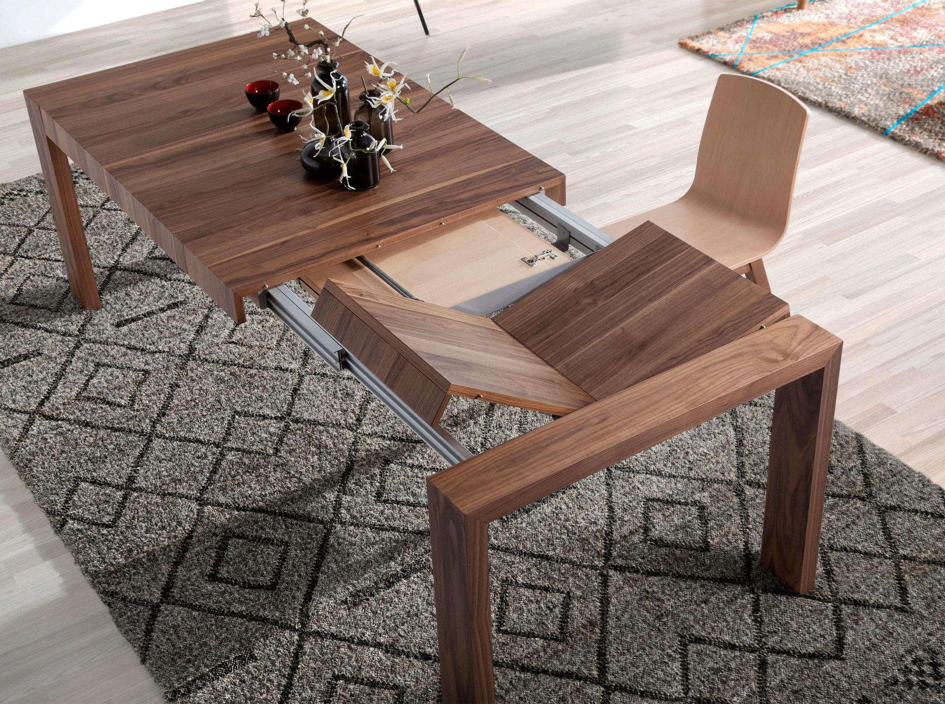 Rectangular walnut extending dining table