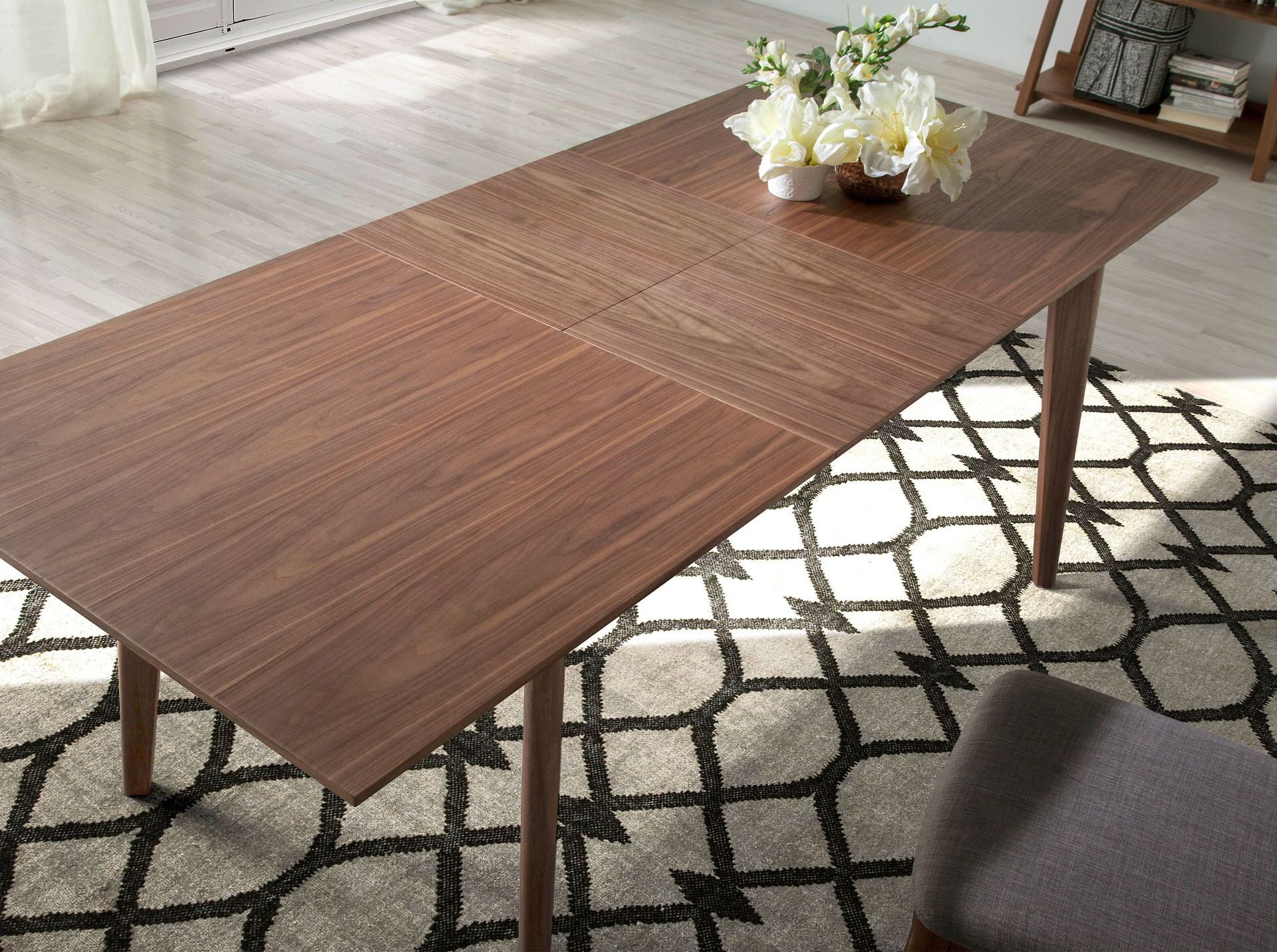Rectangular walnut extending dining table