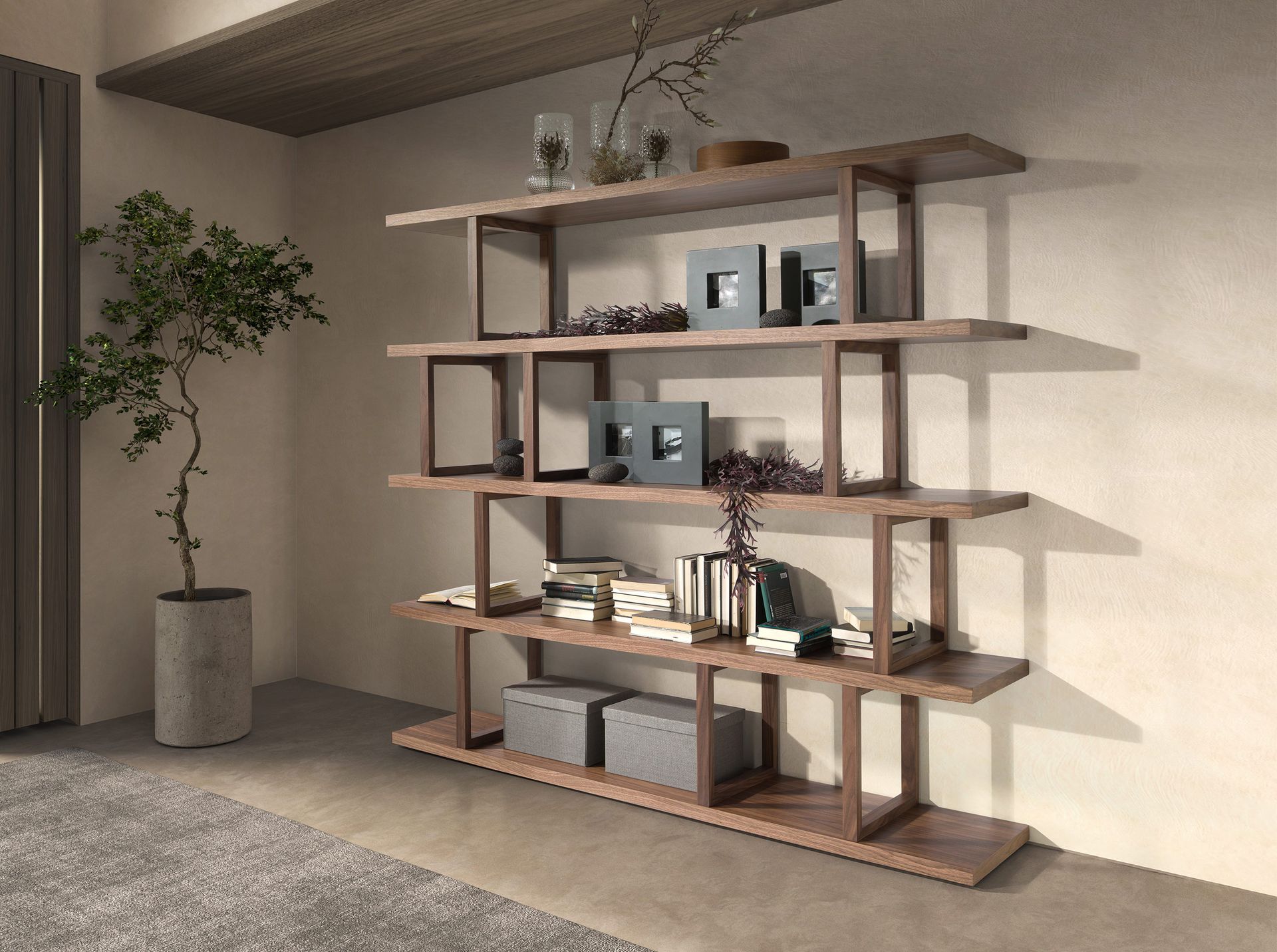 Rectangular walnut shelving unit