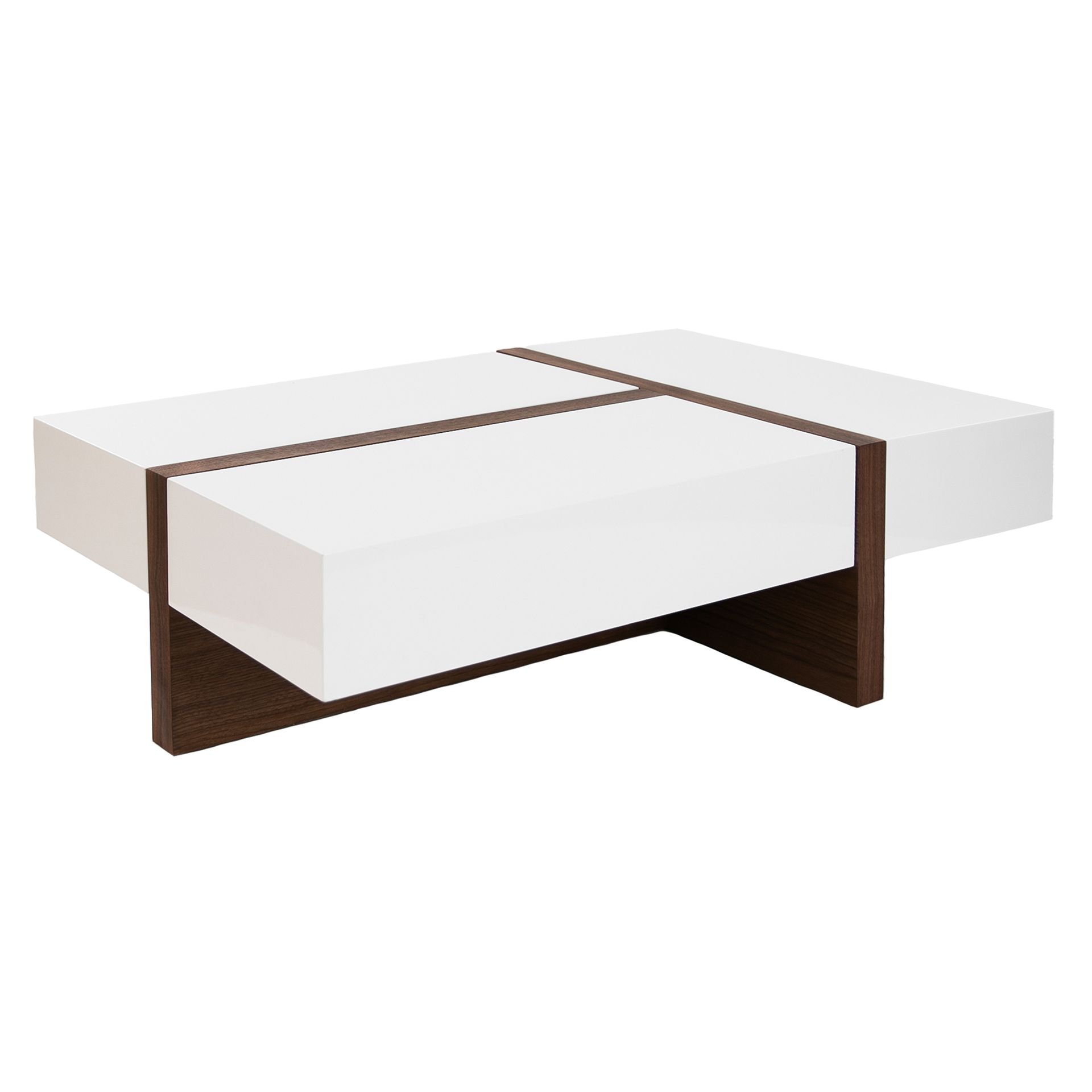 Rectangular white and walnut wood coffee table