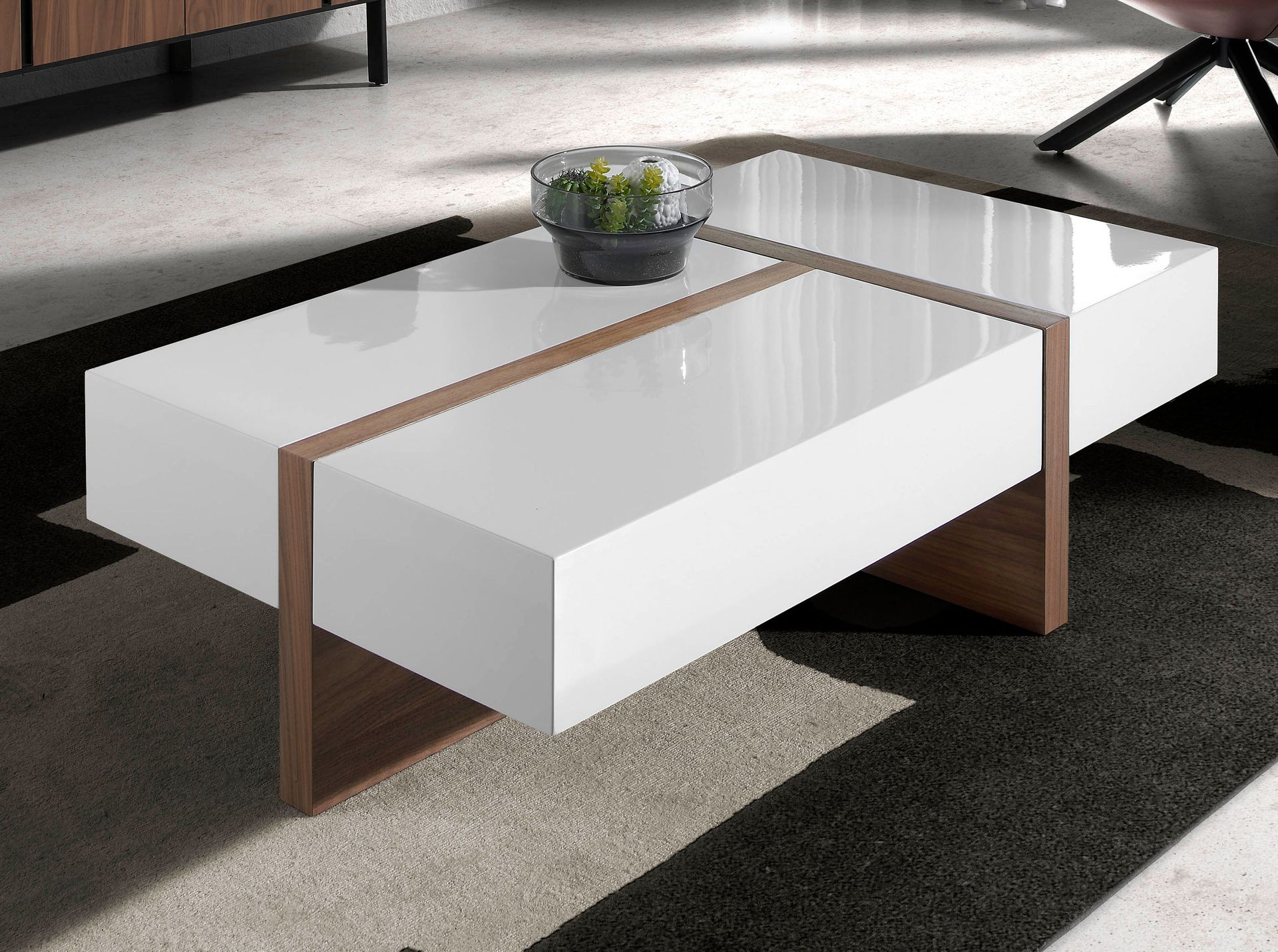 Rectangular white and walnut wood coffee table