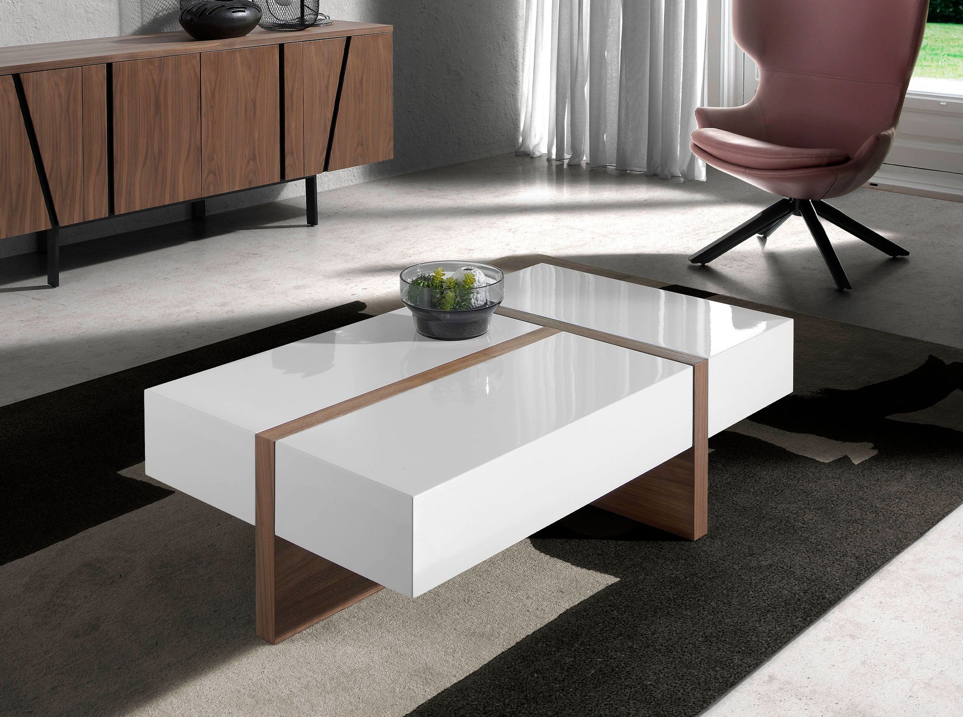 Rectangular white and walnut wood coffee table