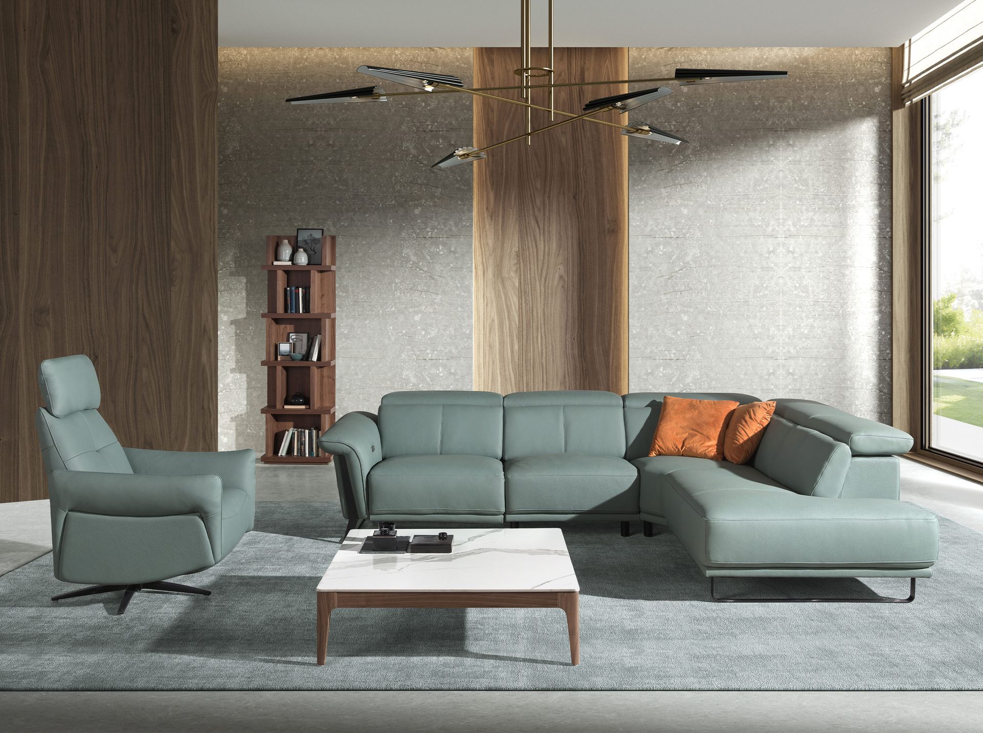 Right chaise longue relax sofa in turquoise green leather