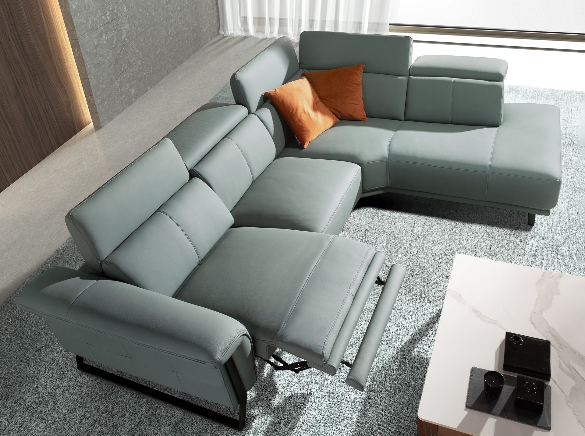 Right chaise longue relax sofa in turquoise green leather