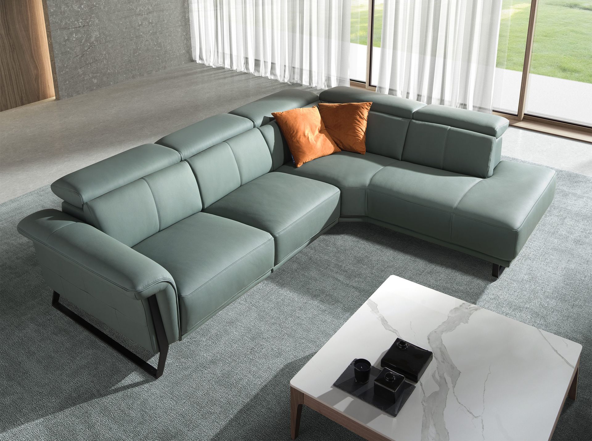 Right chaise longue relax sofa in turquoise green leather