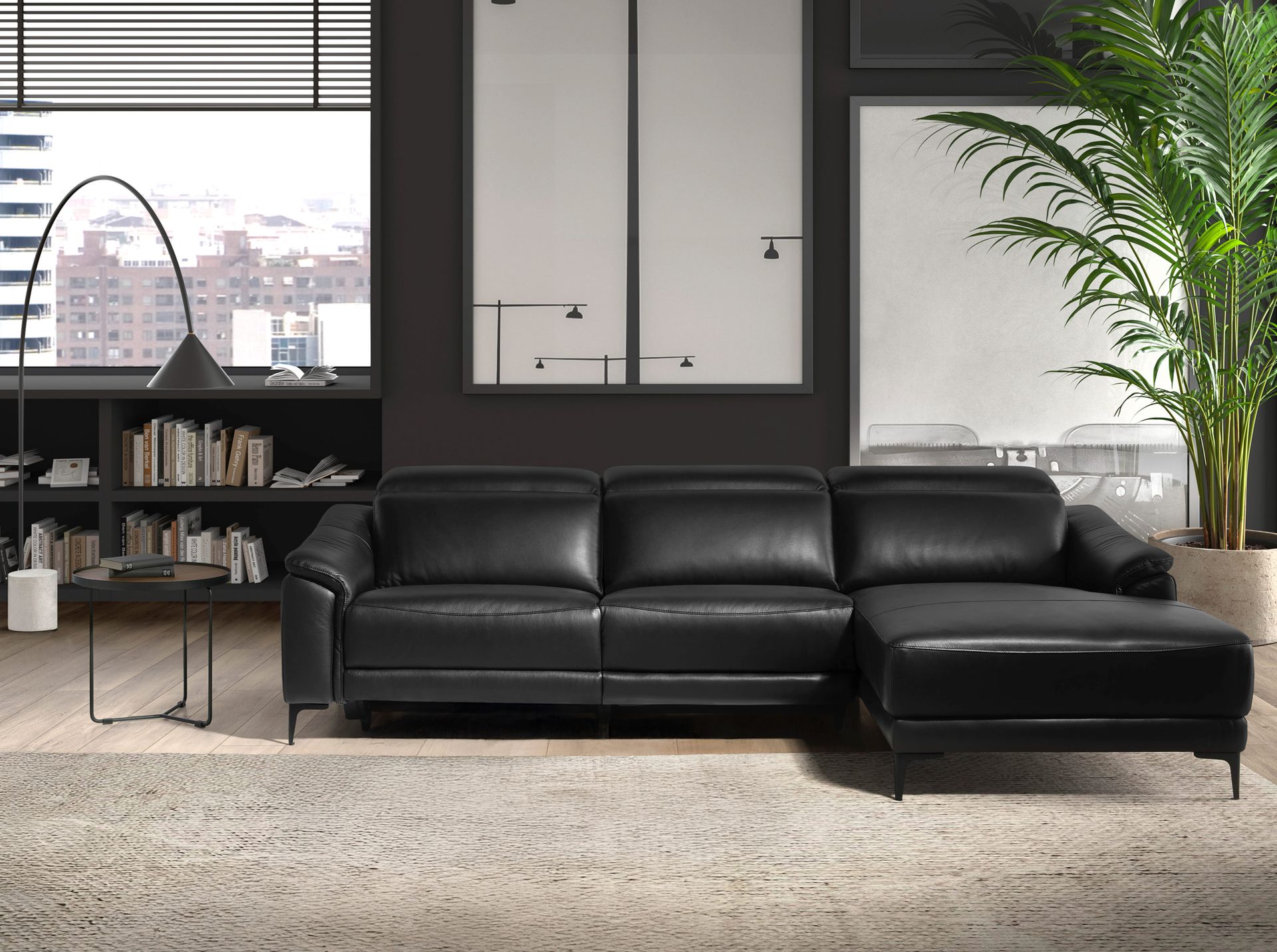 Right chaise longue relaxation sofa in black leather