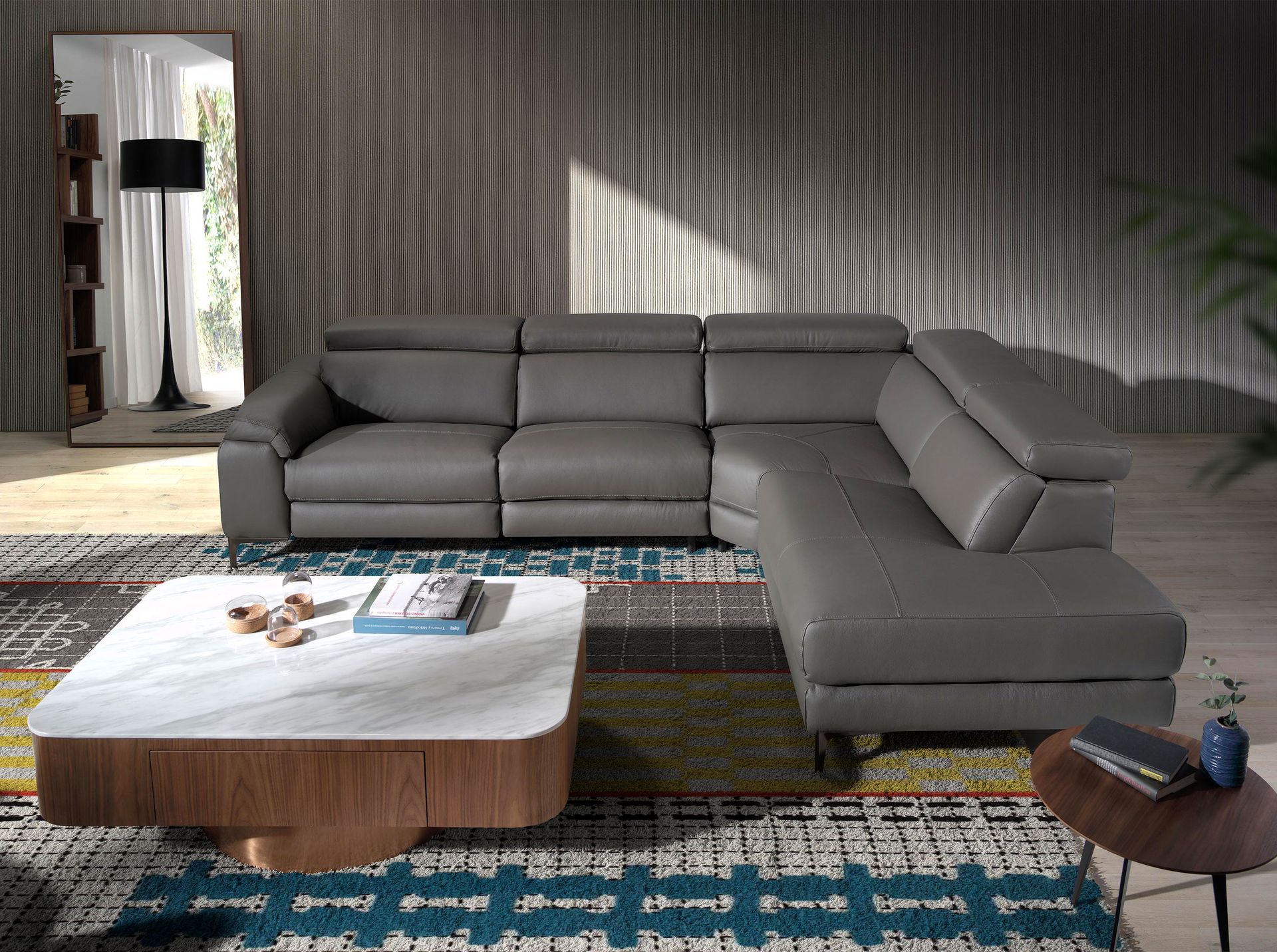 Right chaise longue relaxation sofa in dark grey leather