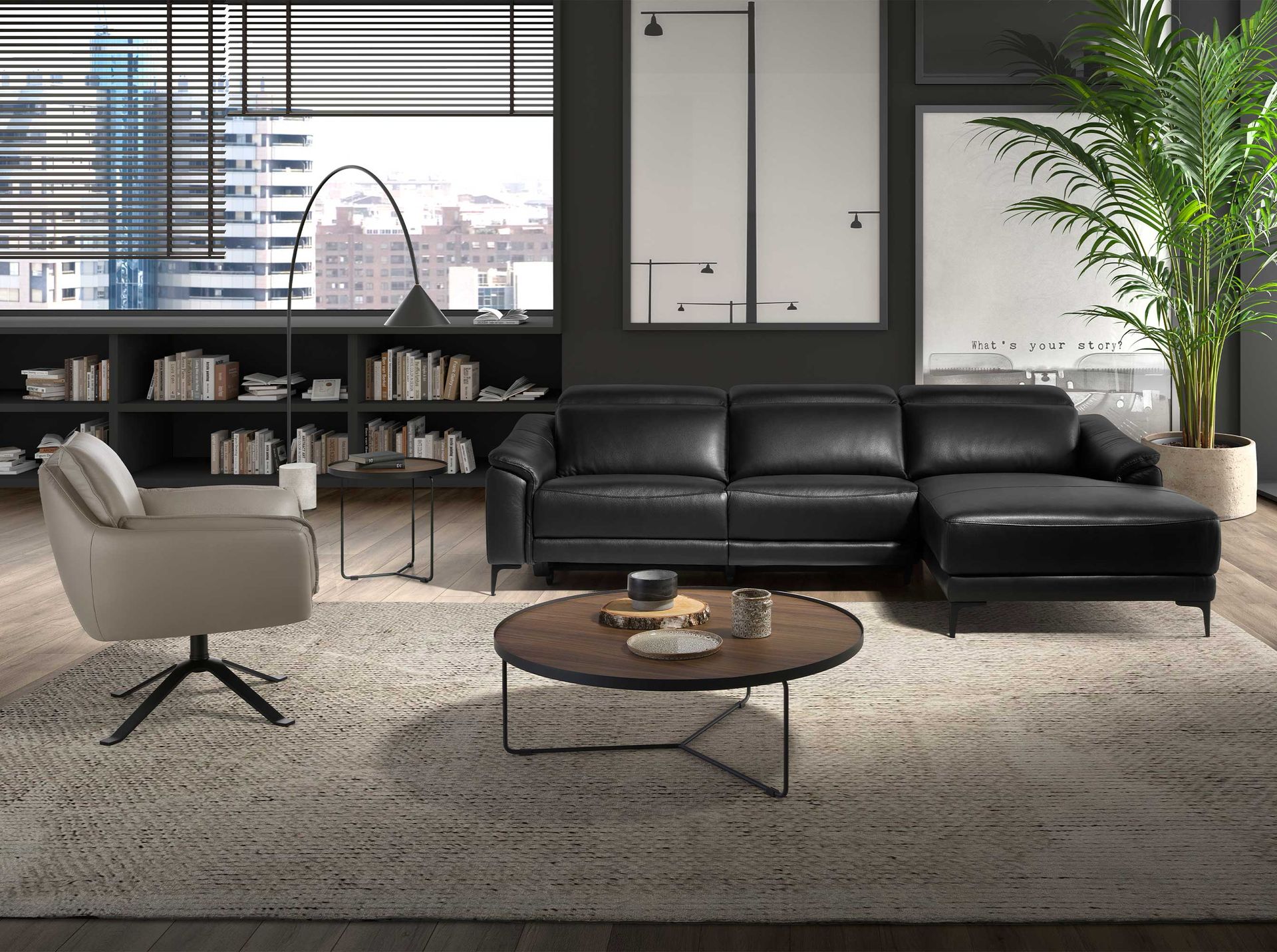 Right chaise longue relaxation sofa in black leather