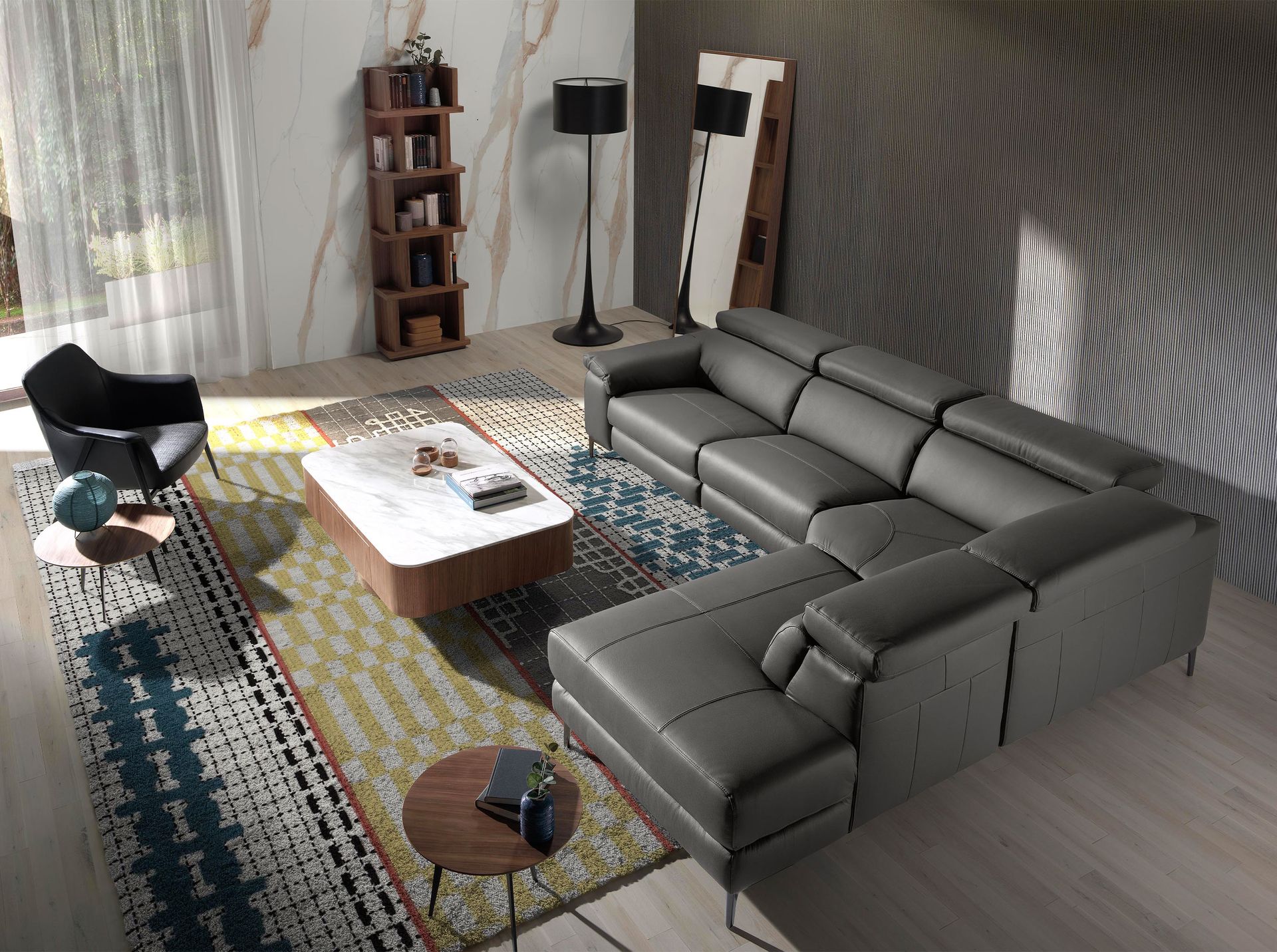 Right chaise longue relaxation sofa in dark grey leather