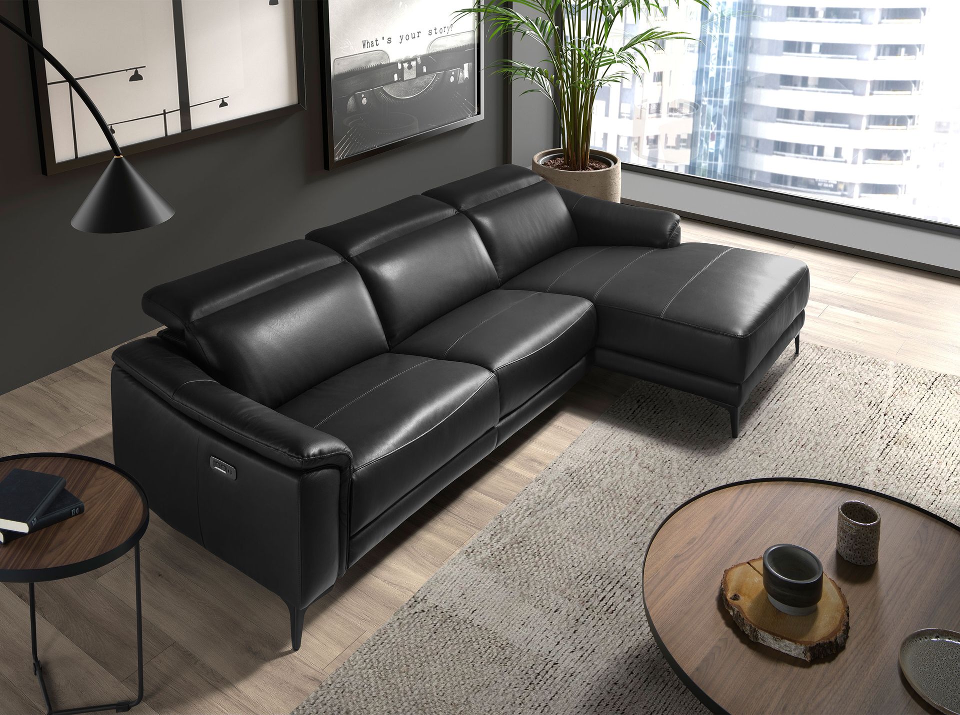 Right chaise longue relaxation sofa in black leather