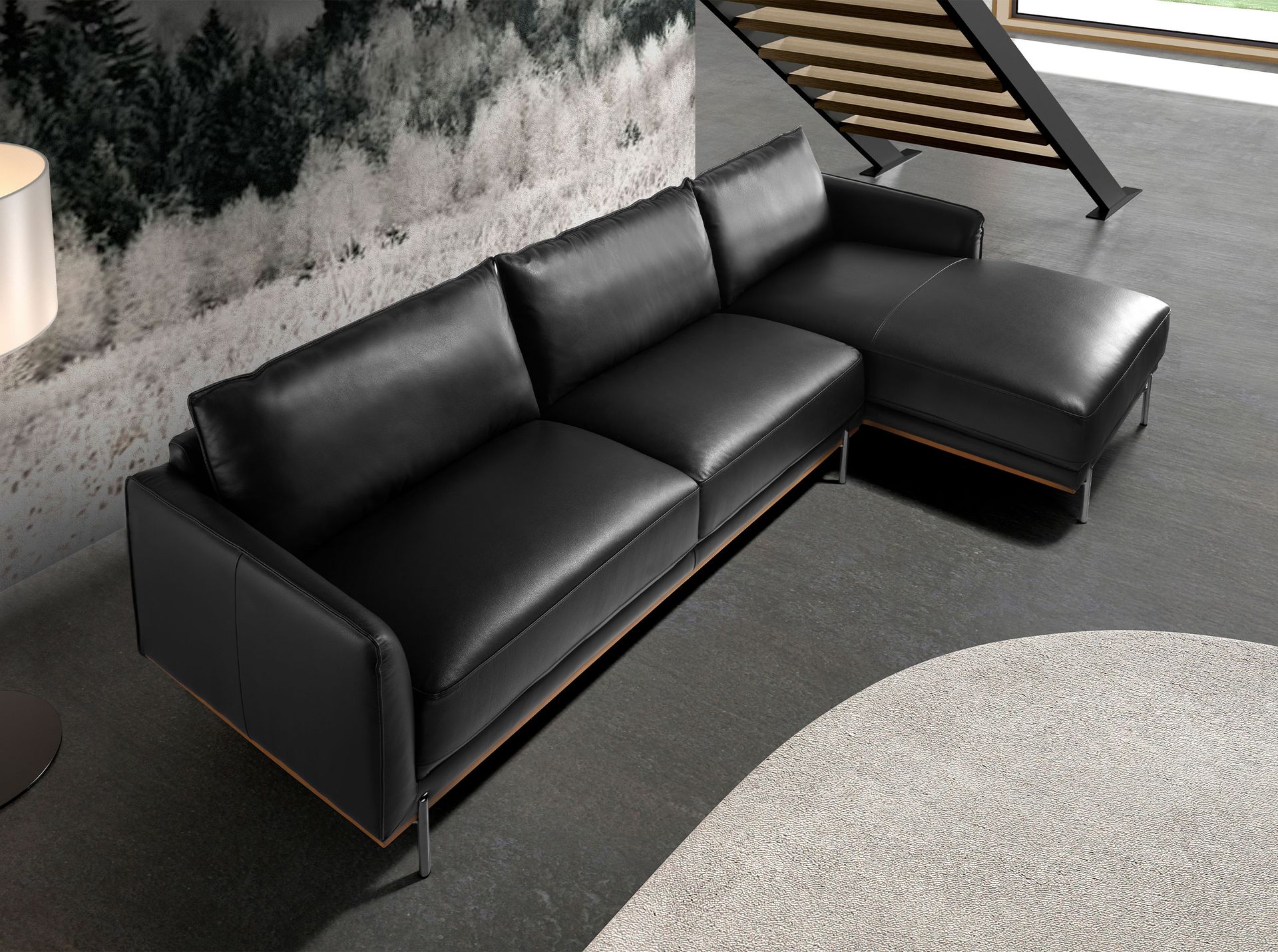 Right chaise longue sofa black leather