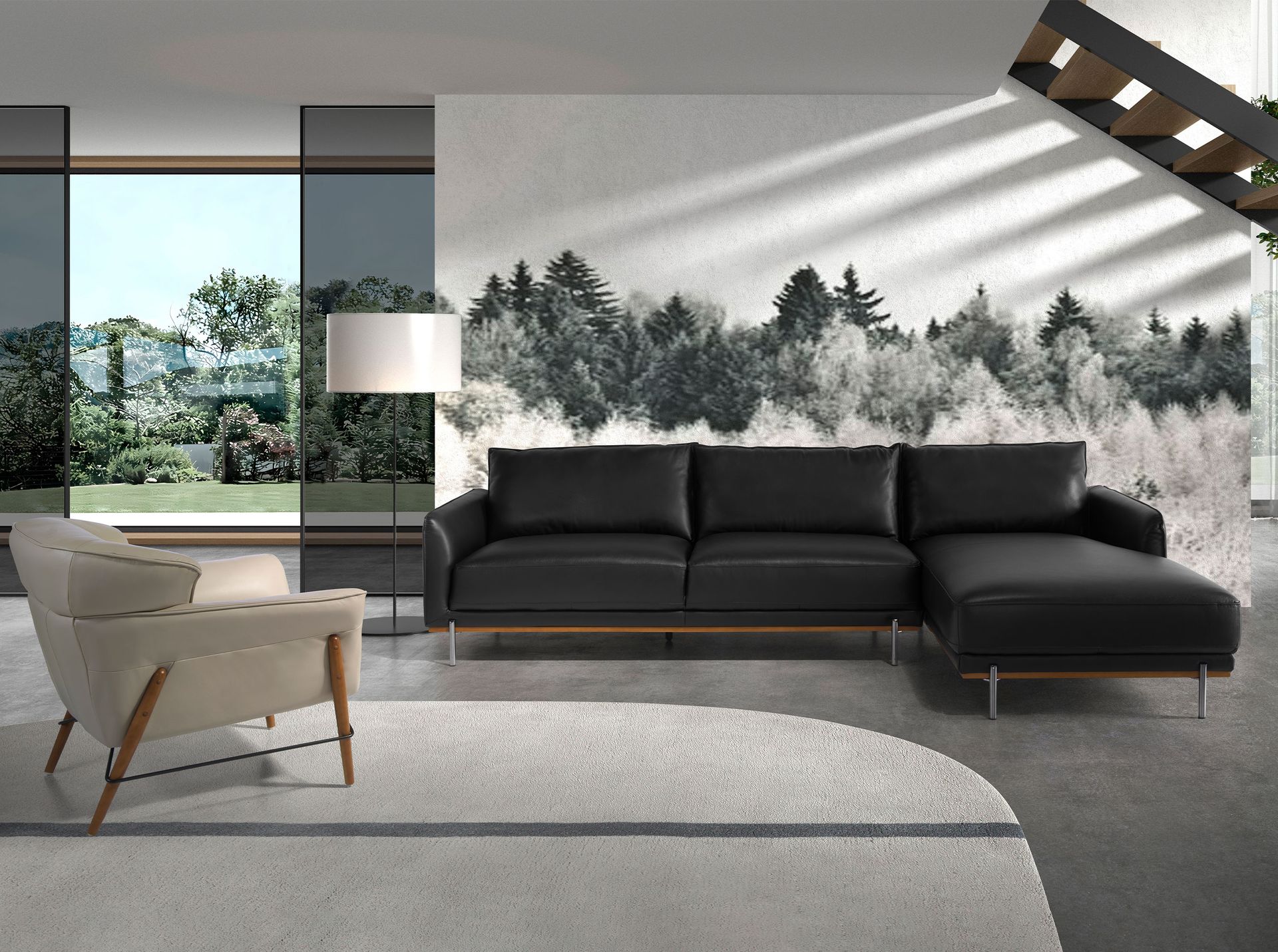 Right chaise longue sofa black leather