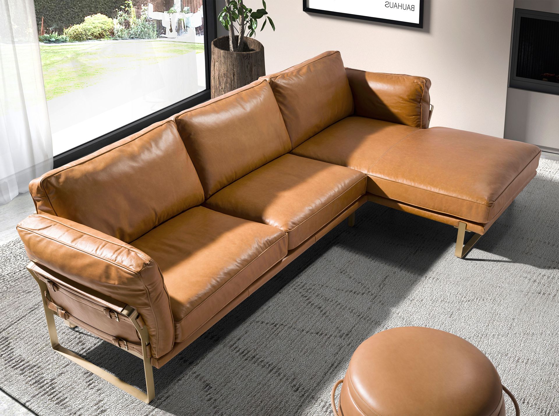 Right chaise longue sofa in camel leather
