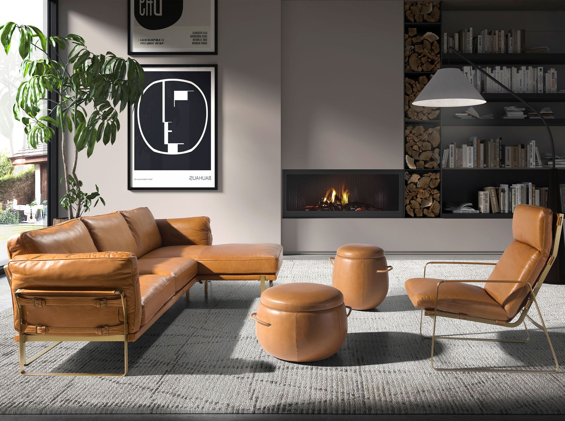 Right chaise longue sofa in camel leather