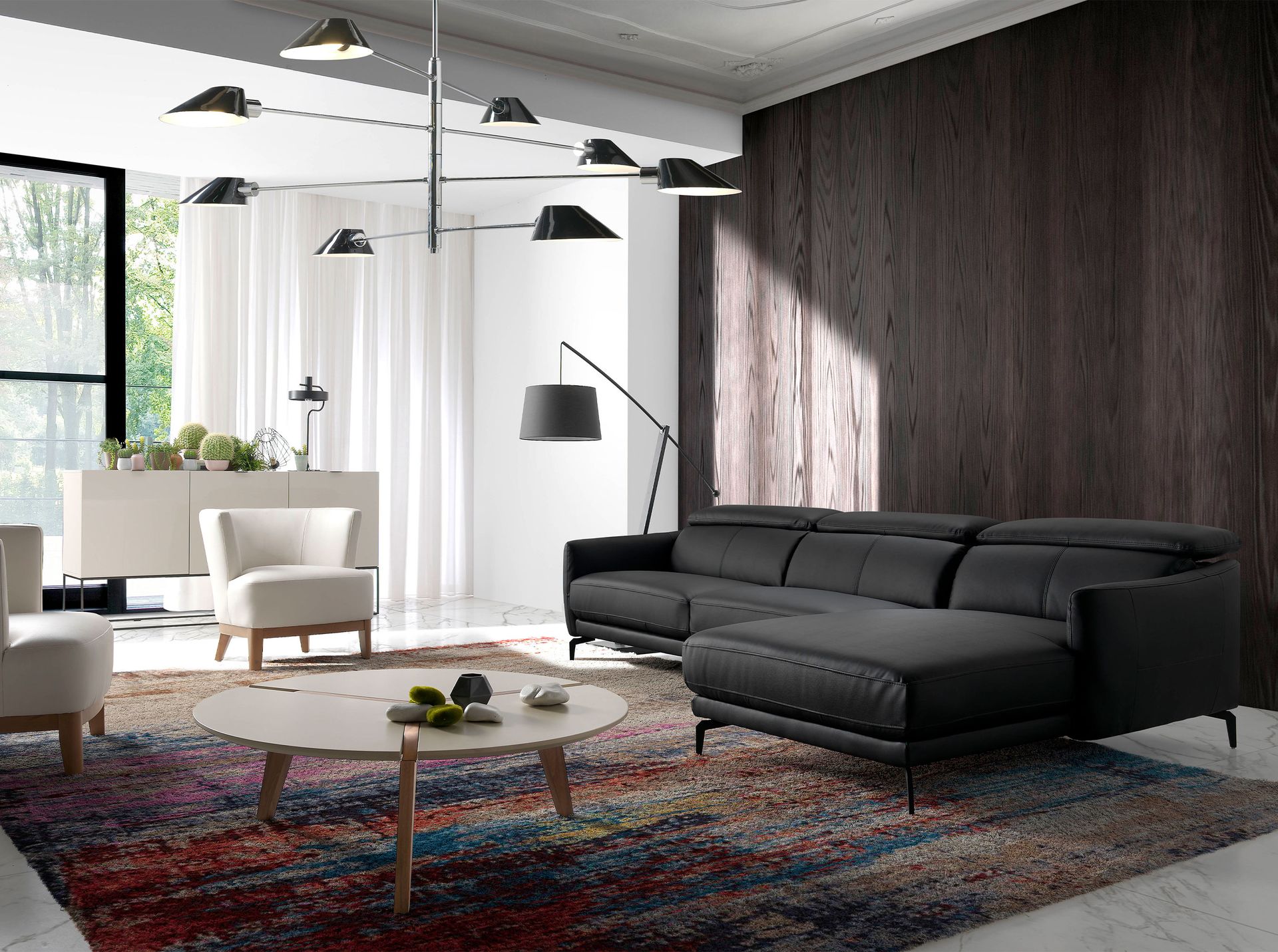 Right chaise longue sofa in black leather