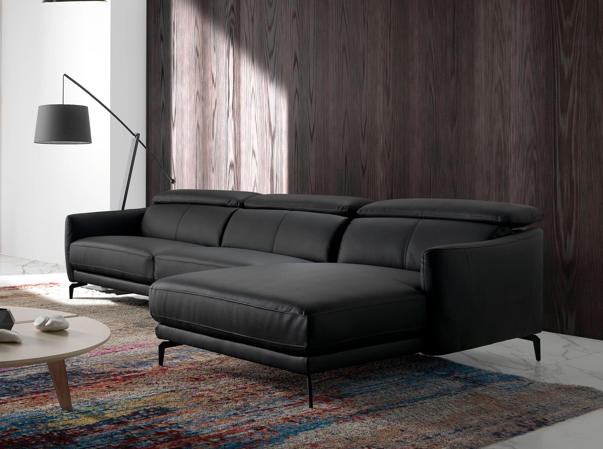 Right chaise longue sofa in black leather