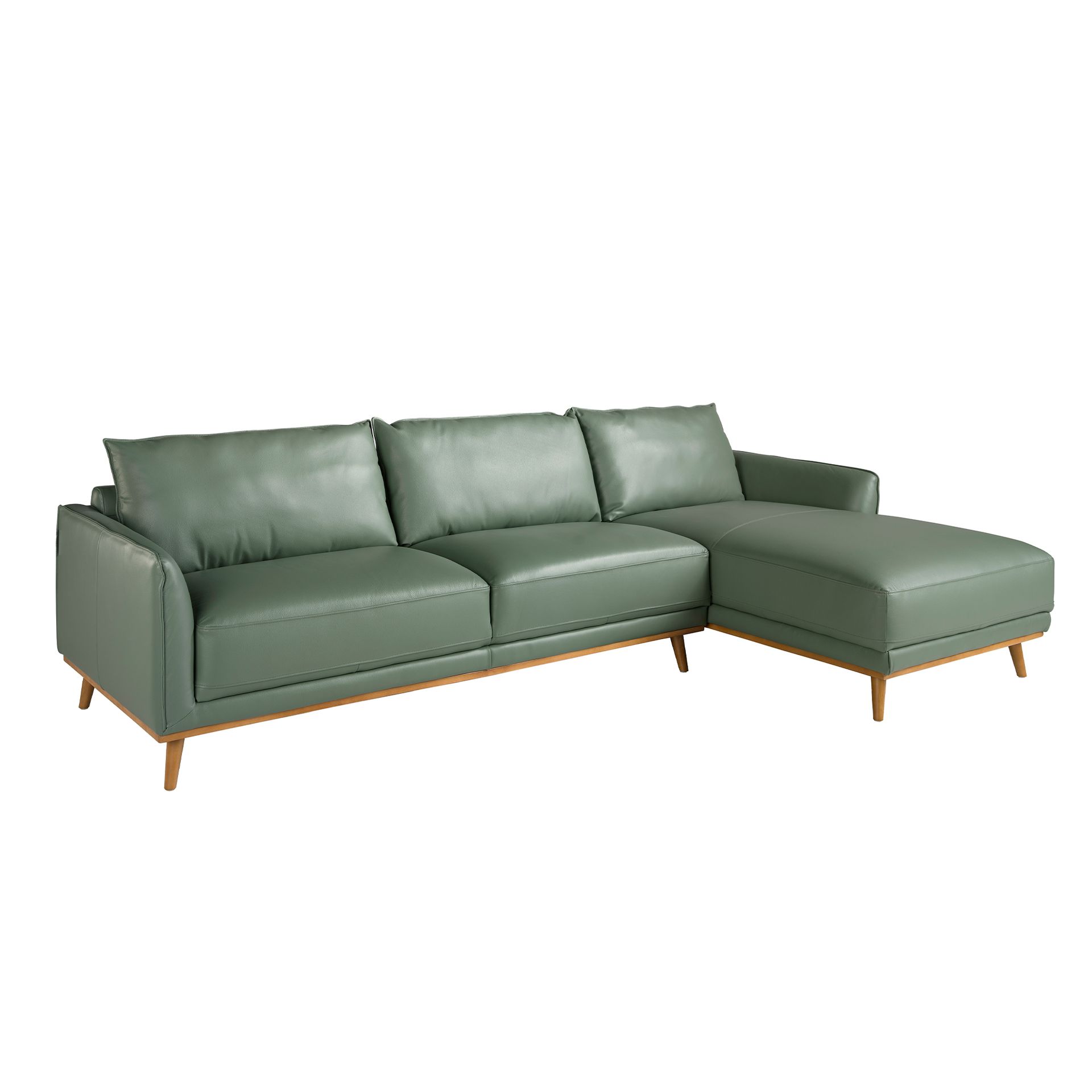 Right chaise longue sofa in green leather