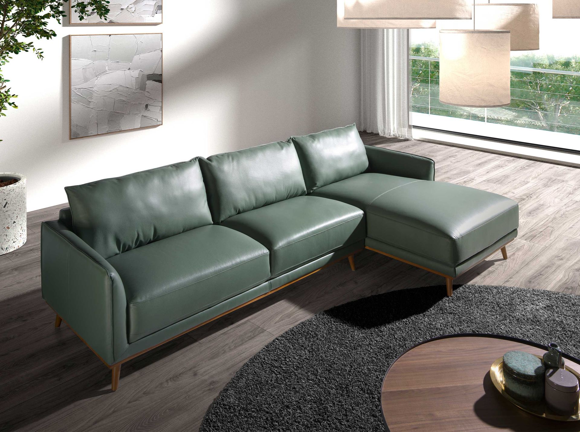 Right chaise longue sofa in green leather