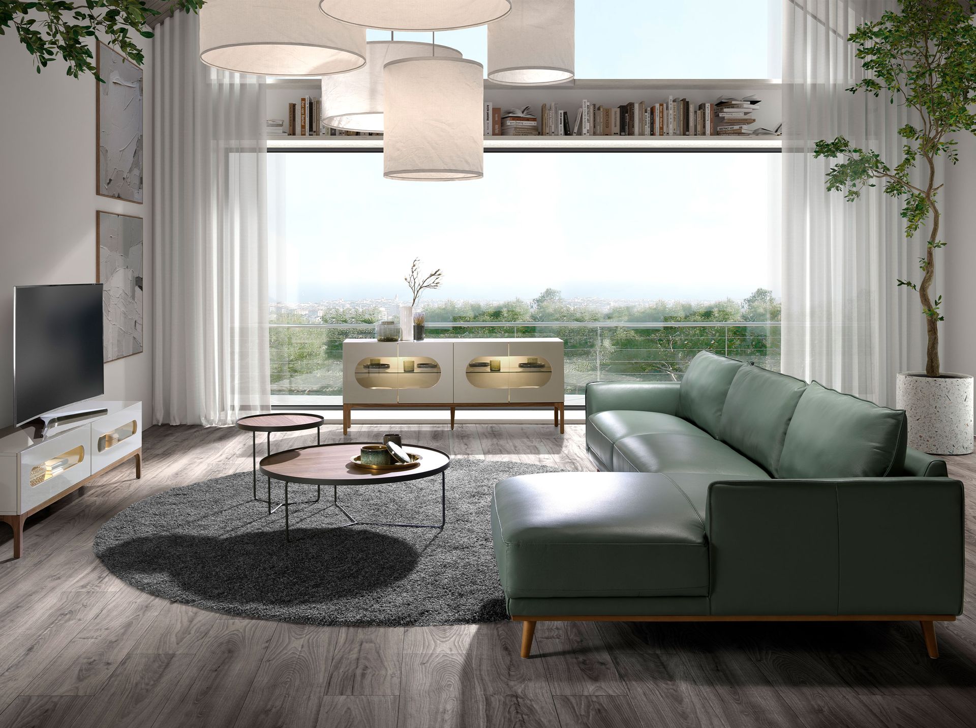Right chaise longue sofa in green leather