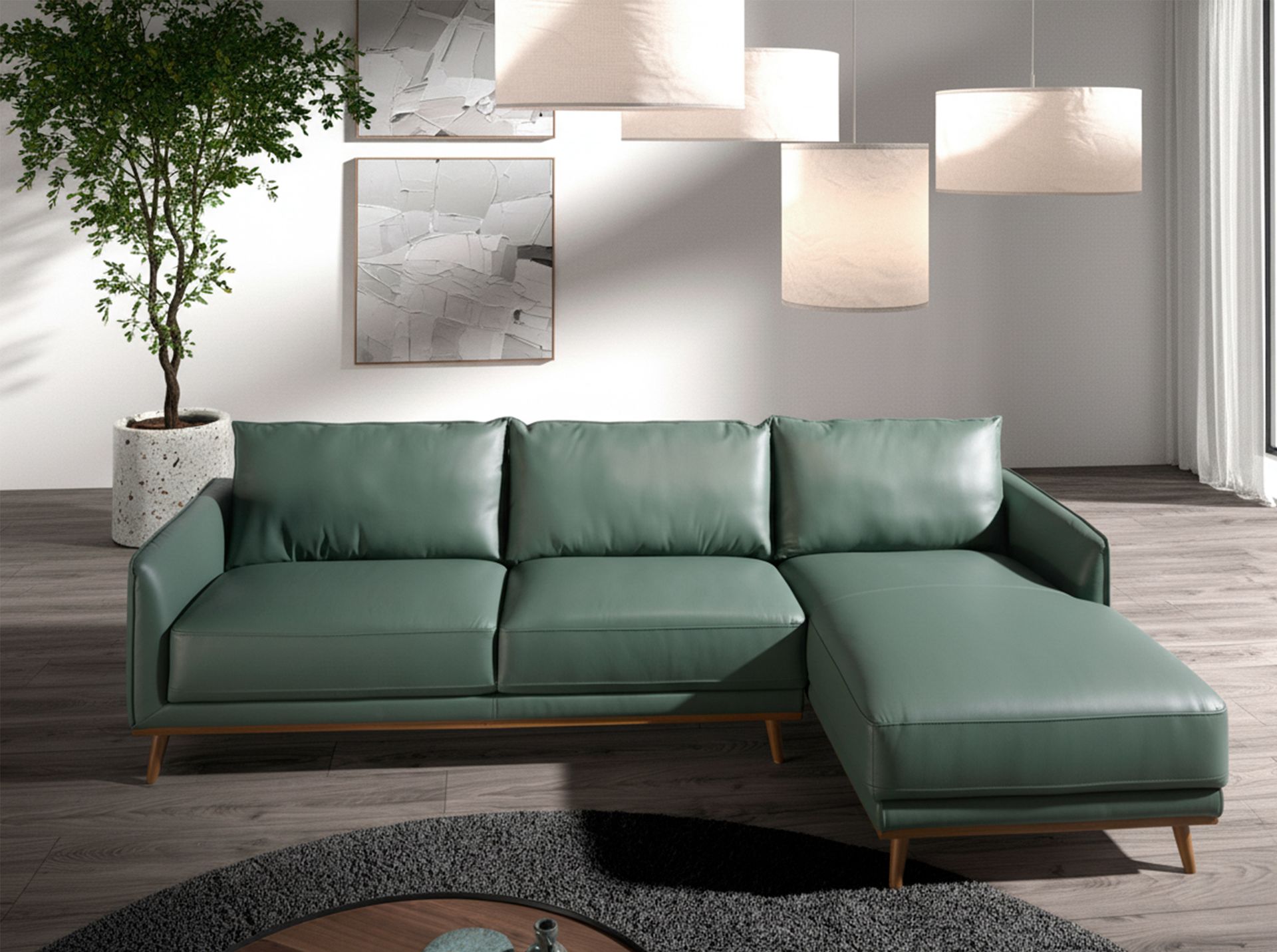 Right chaise longue sofa in green leather