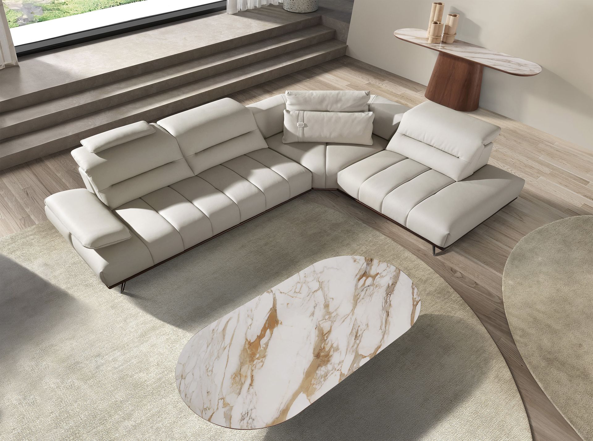 Right chaise longue sofa in light grey leather